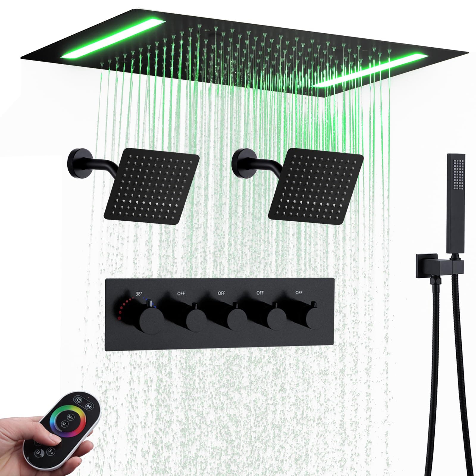 Full Body Multi Smart Shower System with Duel 8 inch Shower Head For Couples, Modern Ceiling Rain LED Shower Head, 4 Ways Thermostatic Shower Set (Matte Black, 20X14 Inch Shower)