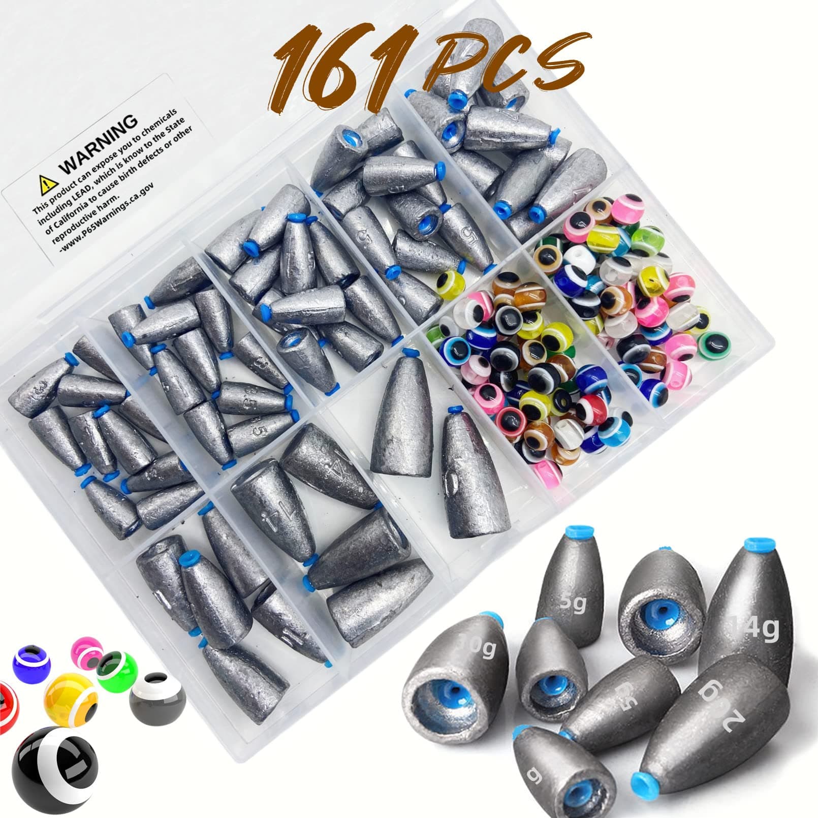 161Pcs/Box Worm Fishing Sinker Weights Kit with Soft Plastic Core(20g,14g,10g,7g,5g,3.5g Mixed, 61Pcs Bullet Lead Fishing Weights, 100 Pcs Eye Beads Bait, Don't Hurt Line Texas Rig