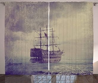 ambesonneNautical Curtains, Old Pirate Ship in The Sea Historical Cruise Retro Voyage Grunge Style Art, Living Room Bedroom Window Drapes 2 Panel Set, 108" X 90", Tan Plum