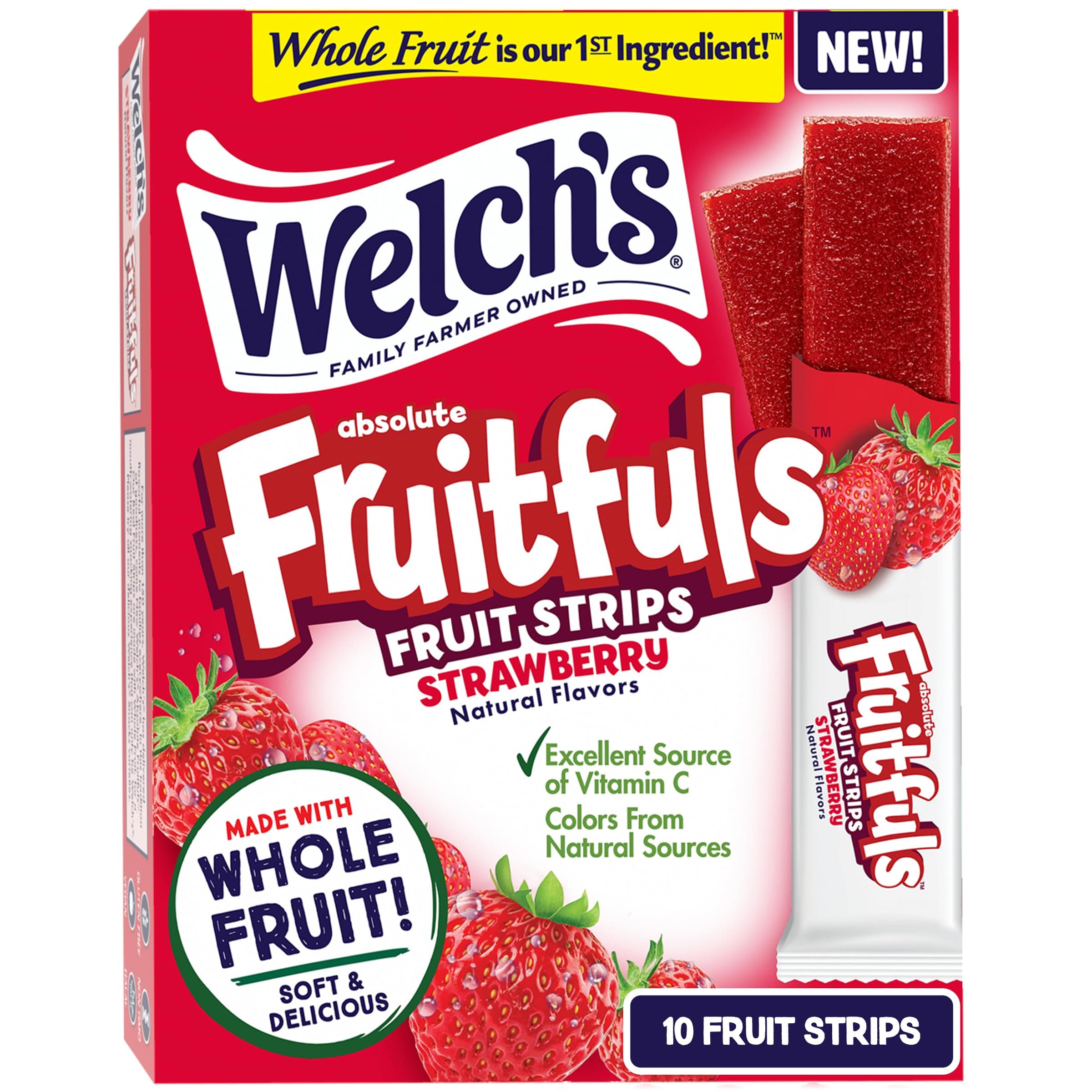 Welch's Absolute Fruitfuls Fruit Strips, Tasty Dried Fruit Snacks for School Lunches, Strawberry, 0.5oz (Pack of 10)