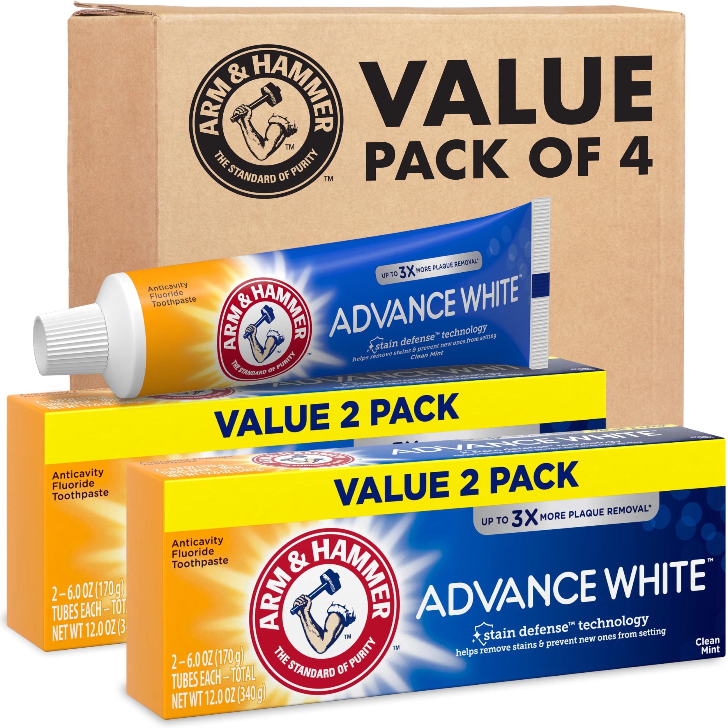 Advance White Toothpaste, Teeth Whitening Baking Soda Toothpaste with Stain Defense Technology and Fluoride, Clean Mint Flavor, 6.0 Oz (4 Pack)