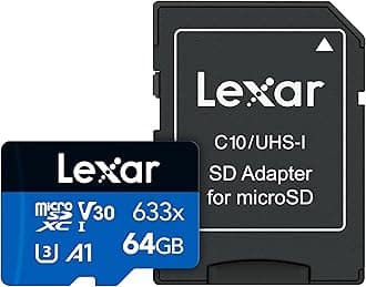Lexar High-Performance 633x 64GB microSDXC UHS-I Card w/SD Adapter, C10, U3, V30, A1, Full-HD & 4K Video, Up To 100MB/s Read, for Smartphones, Tablets, and Action Cameras (LSDMI64GBBNL633A)