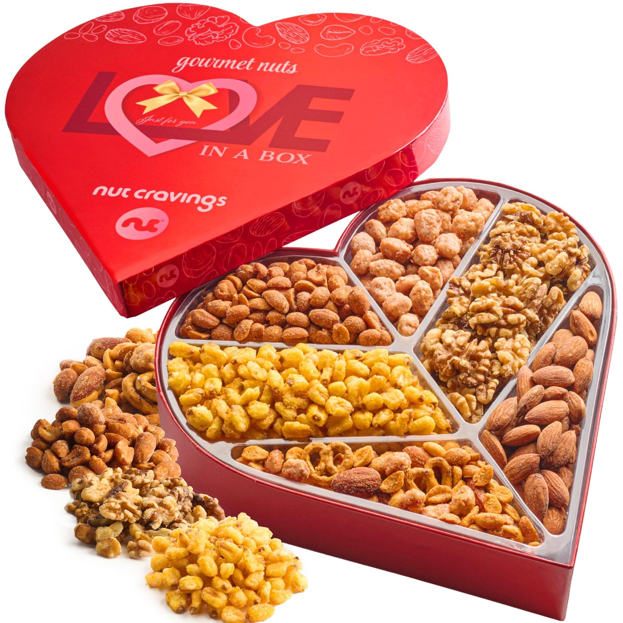 NUT CRAVINGS - Easter Mixed Nuts Heart Shaped Gift Basket, Love in A Box (6 Assortments) Ramadan Gifts, Saint Patrick's Day Romantic Food Arrangement, Healthy Snack Care Package, Food Assortments