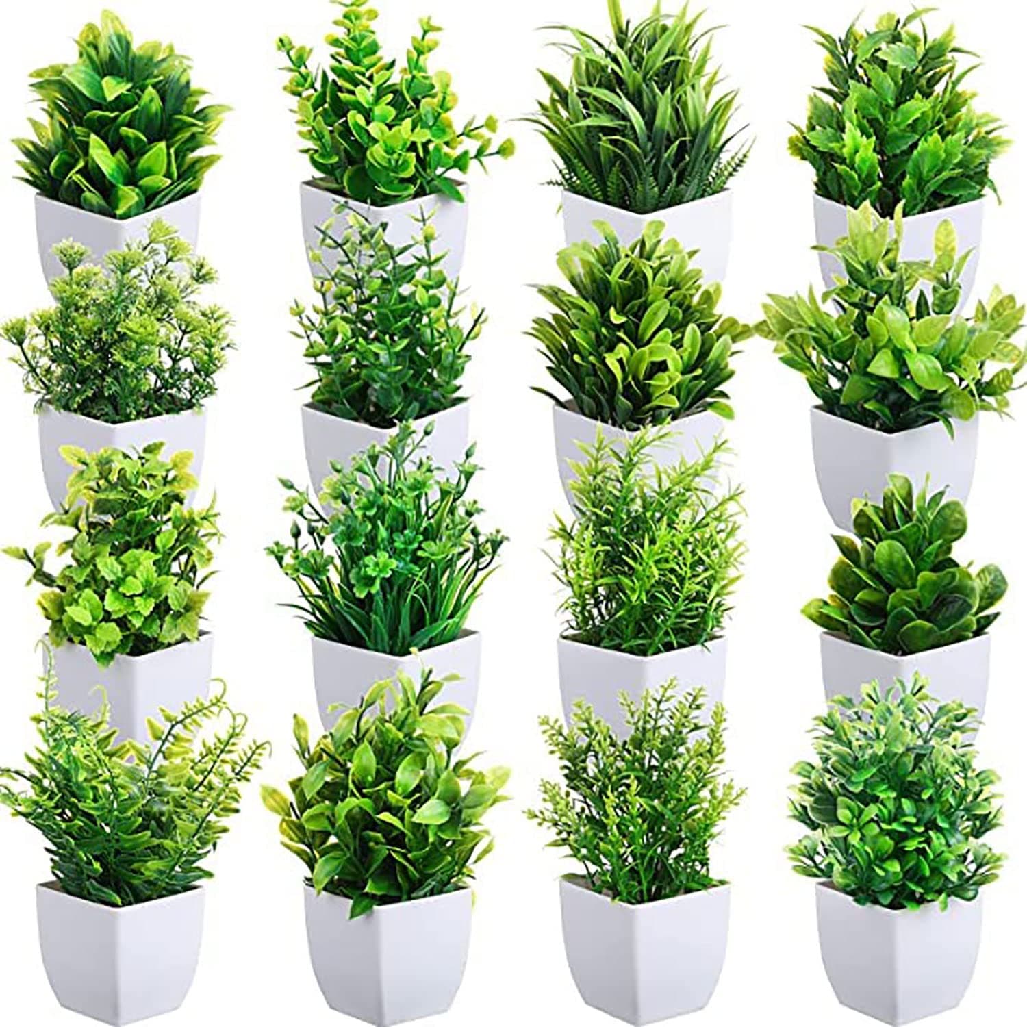 - ALOUD CREATIONS Plastic Mini Artificial Plants For Home Decor | 12 Pack Fake Plants | Artificial Plants With Pot | Indoor Plants For Living Room Artificial | Office Decor | Set Of 12, White, Green