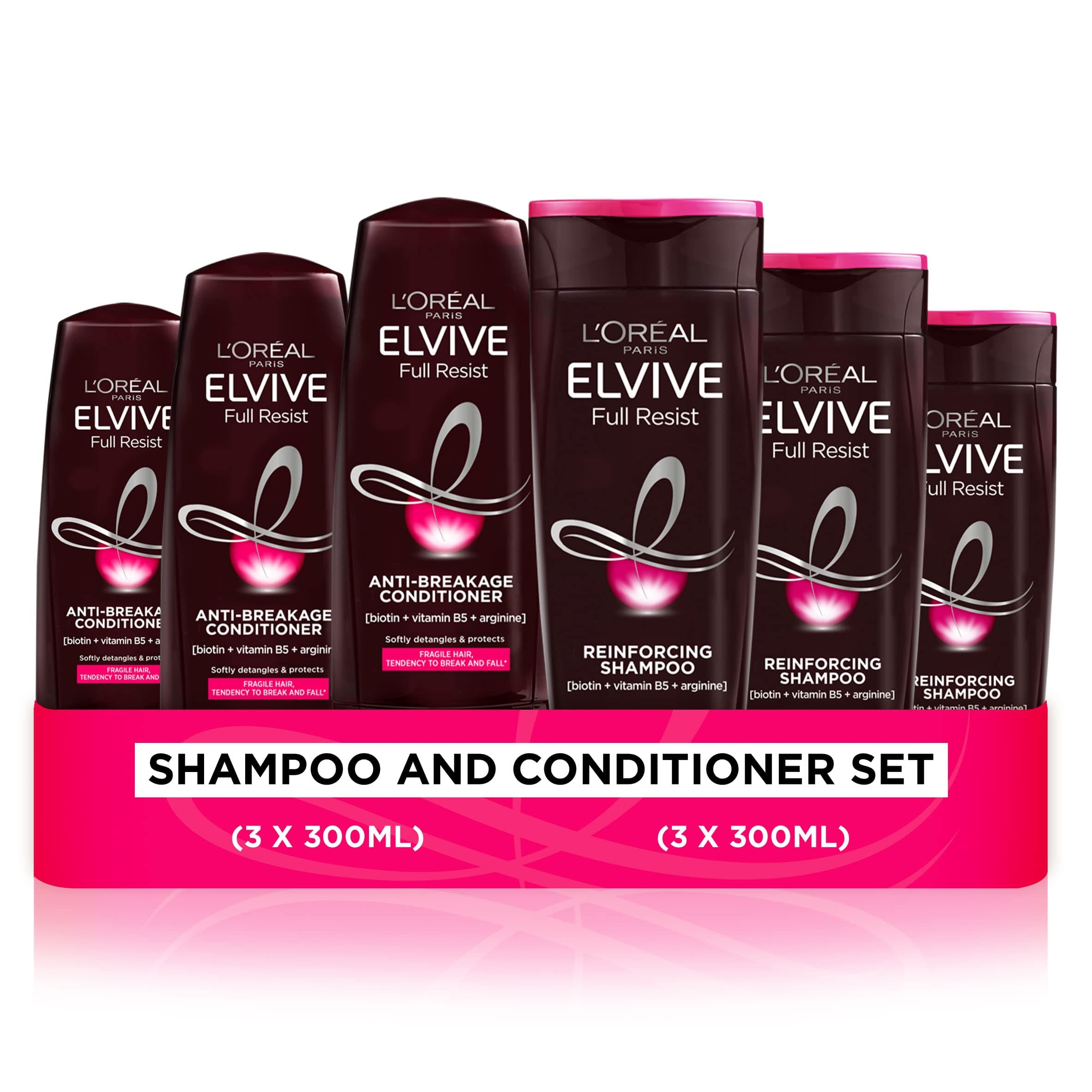 L'Oreal Paris Shampoo and Conditioner Set by Elvive, Full Resist Reinforcing and Anti Breakage for Fragile Hair and Hair Fall, 3 x 300ml Shampoo and 3 x 300ml Conditioner, UK's No1 haircare brand*
