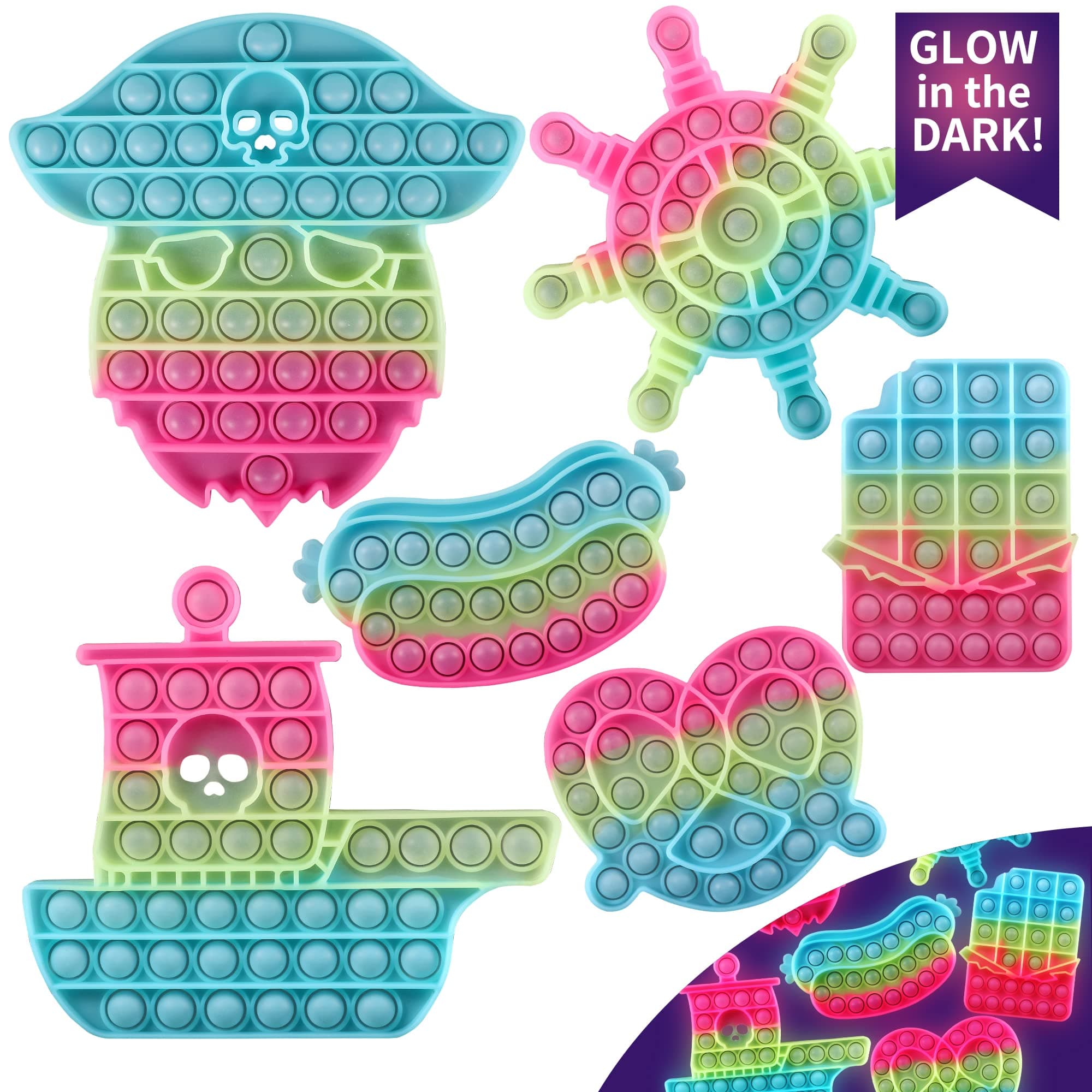 FiGoal 6 Pack Assorted Designs Bubbles Stress Relief Glow in The Dark and Rainbow Fidget Toys Anxiety Stress Reliever, Light Up Autism Special Needs Toy for Home School & Office