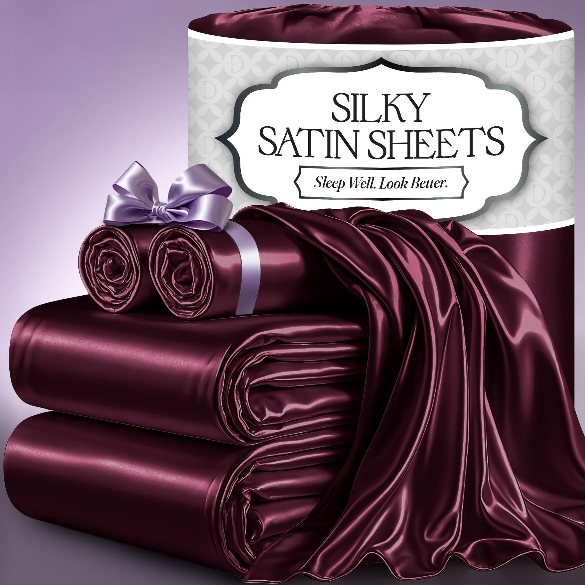 DECOLURE Satin Bed Sheets - 4 Piece Luxury Silky Full Size Bedding Set - Softer Than Silk, Wrinkle-Free with 15” Deep Pocket Fitted Sheet, Perfect for Hair & Skin, Gifts for Women (Rosewood)