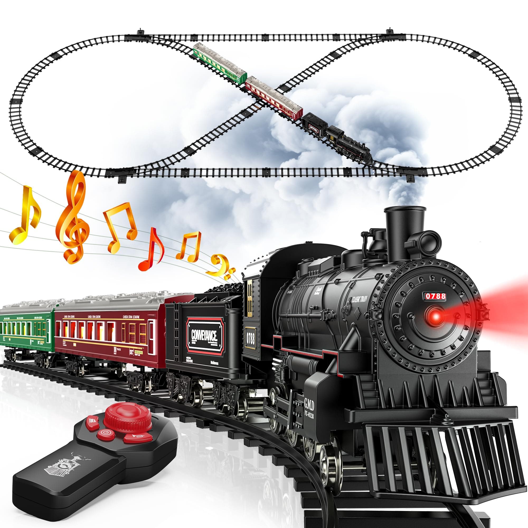 Hot Bee Train Set, Remote Control Train Toys with Luxury Track & Glowing Passenger Carriages, Metal Christmas Tree Train with Smoke, Light and Sound, Toy Train Set for 3 4 5 6 7+ Years Old Boys Gifts