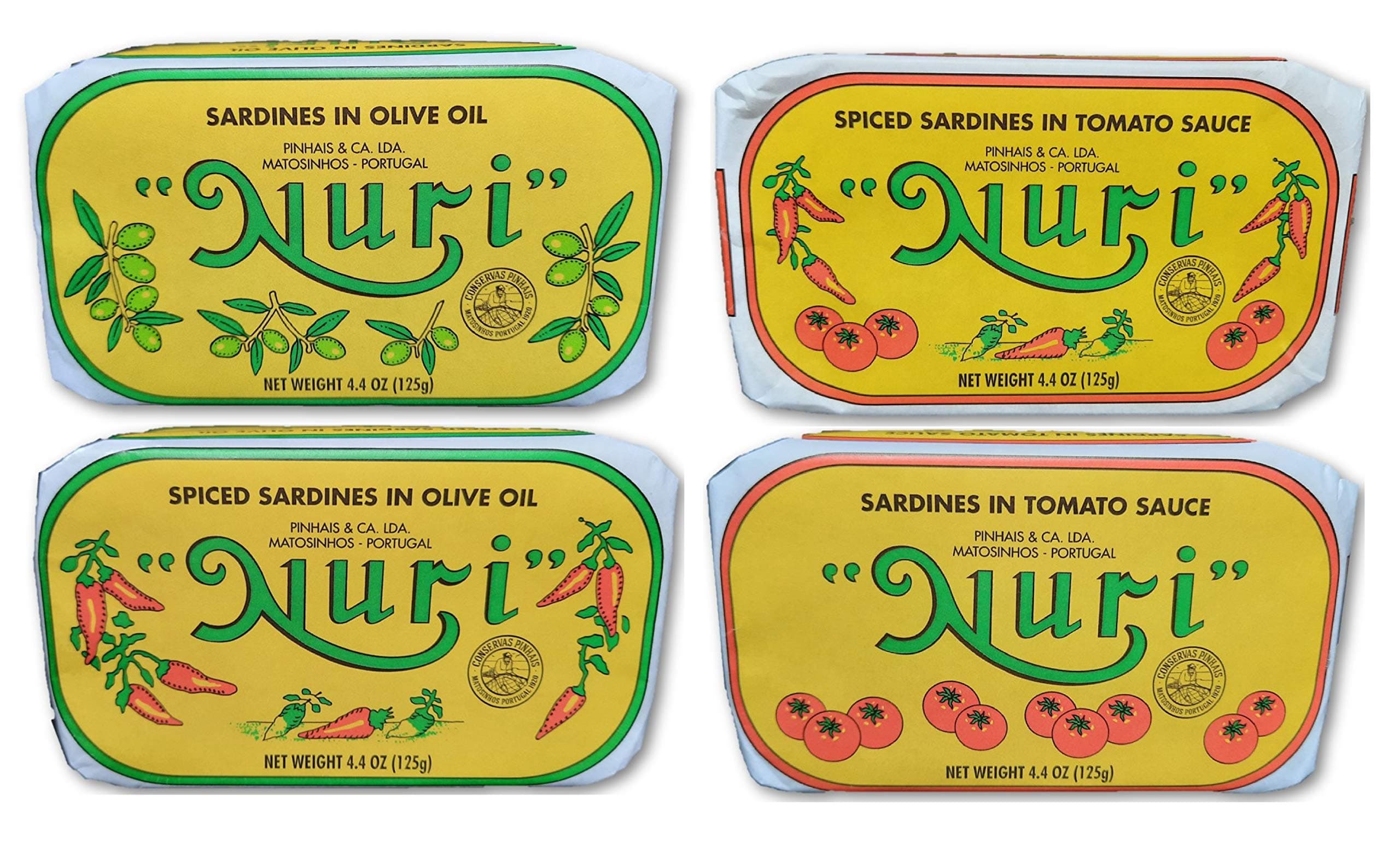 Portuguese Sardines Variety Pack | 4 Pack Bundle | One of Each | Pure Olive Oil, Spiced Pure Olive Oil, Tomato and Olive Oil AND Spiced Tomato and Olive Oil