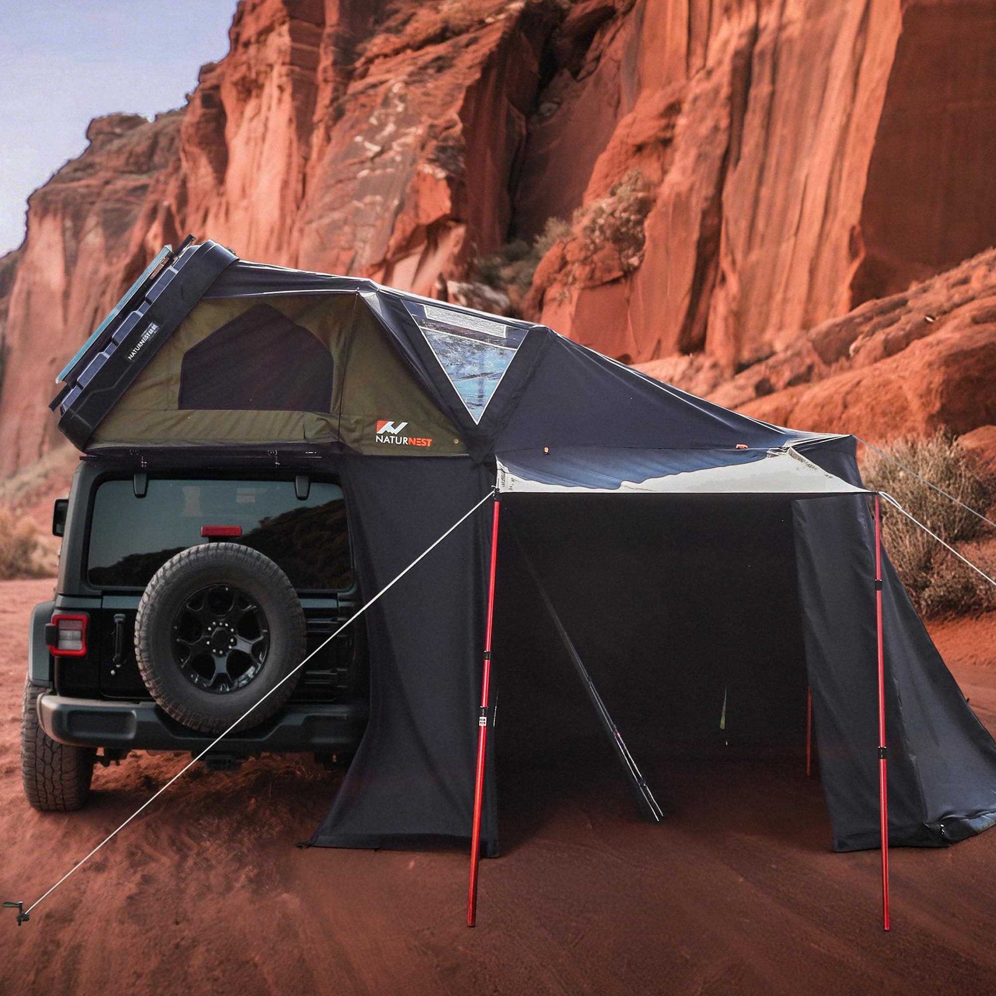 Naturnest Rooftop Tent Hard Shell with Annex Room, Easy Set Up Large Tent for 2-3 Person Camping, Waterproof 4 Season Tents for Truck, Jeep, SUV, Van, Trailer - Sirius 1 Plus with Annex Room