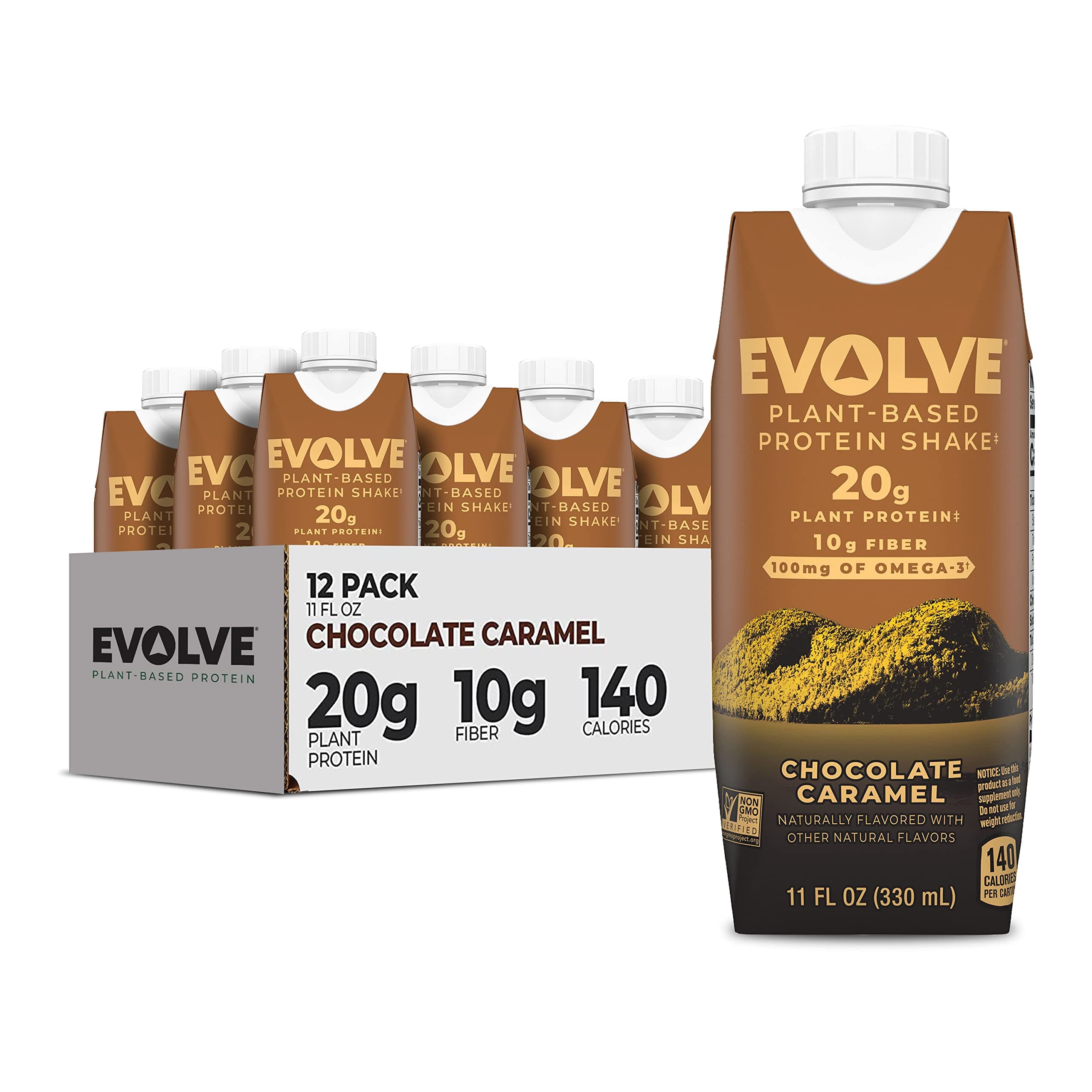 Evolve Plant Based Protein Shake, Chocolate Caramel, 20g Vegan Protein, Dairy Free, Non-Artificial Sweeteners, Non-GMO, 10g Fiber, 11oz, (12 Pack) (Formula May Vary)