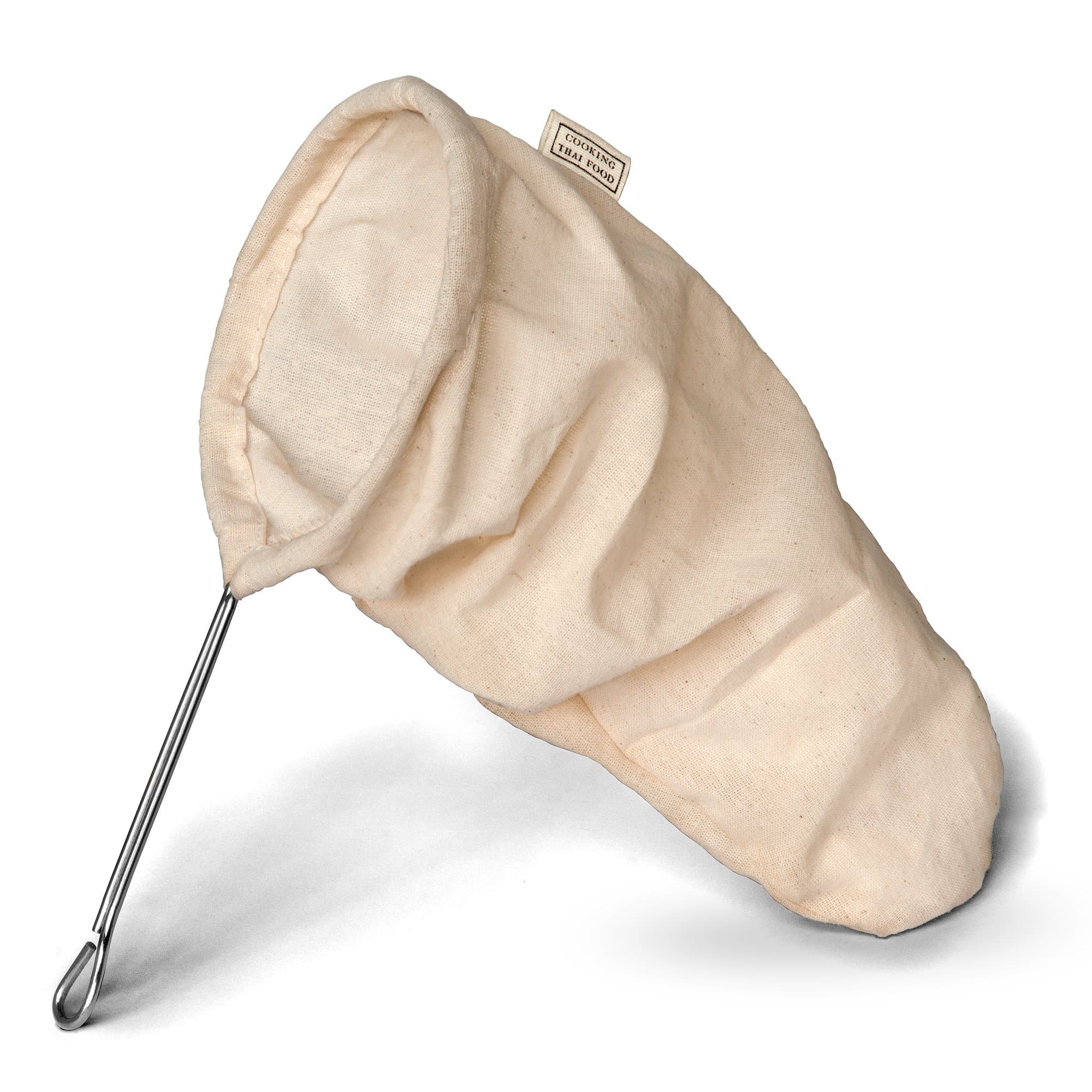 CTF Premium Thai Coffee Strainer Large 5" Dia. Cloth Filter with Handle, Unbleached Thick Cotton 11" Deep Sock Holds 2 Cups of Grounds, Makes 2 Quarts of Thai Iced Coffee, Genuine Stainless Steel