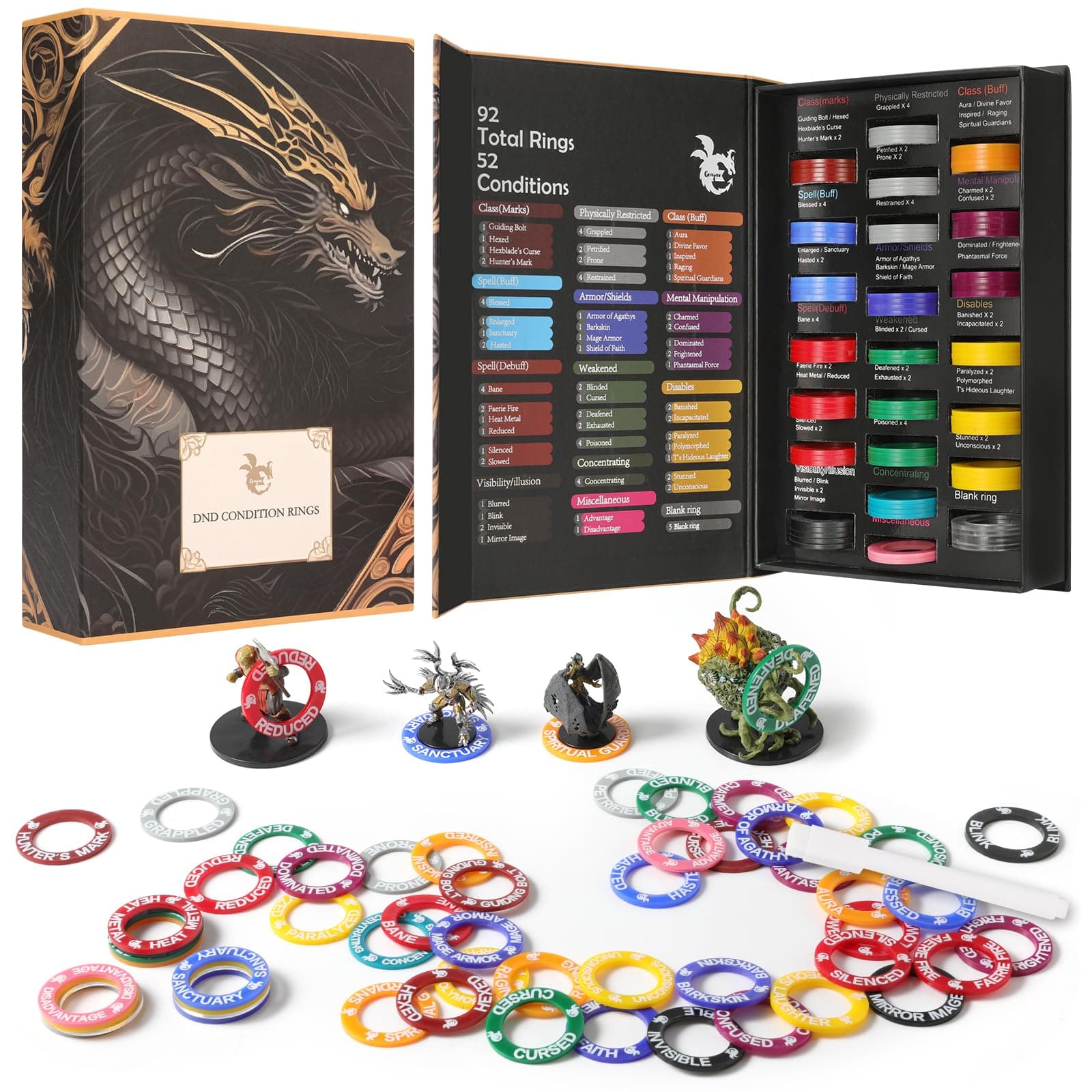 52 Unique DND Miniatures Condition Rings, 92 PCS Status Effects Markers - Including 5 Customizable Blank Rings, Ideal for Dungeons and Dragons & 5th Edition, Best DND Gifts for DM