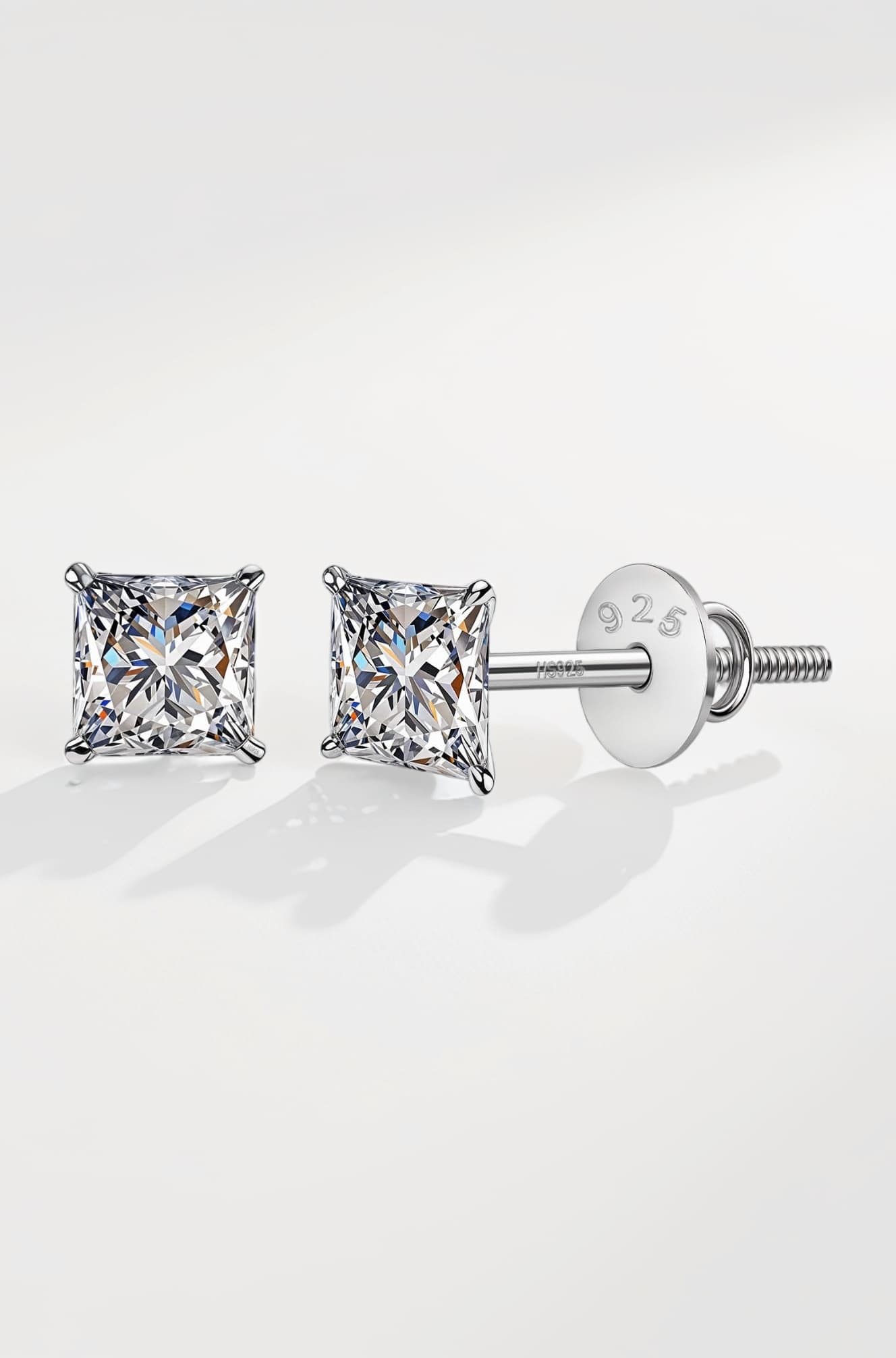 925 Silver Solitaire Screwback Stud Earrings | 92.5 Sterling Silver & Square Princess Cut Brilliant Zirconia Tops for Men, Women, Boys and Girls