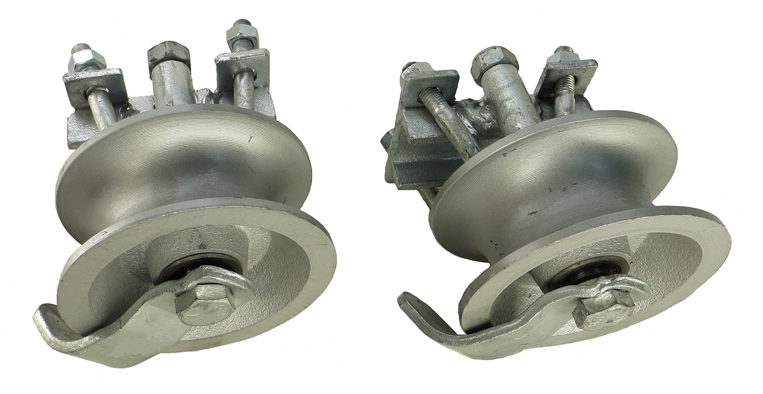 Pair of Chain Link Sliding Gate Rollers for 1-5/8" Pipe Track with Double U-Bolt and Safety Catch-by Sourdough Gate Hardware