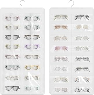 Hanging Sunglasses Organizer and Storage, Dual-Sided Sunglasses Case and Jewelry Holder, Wall-Mounted, 32 Clear Slots, Dust-Proof, Roof Design for Travel, White