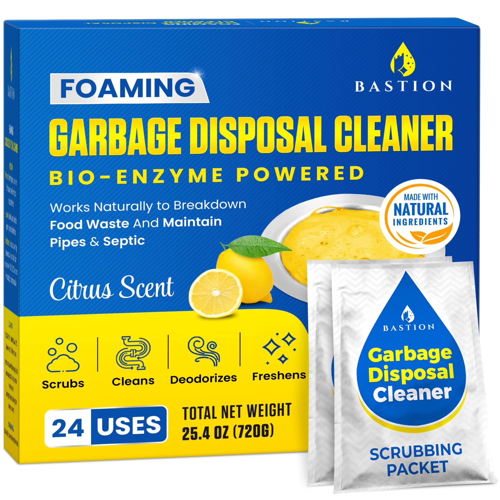 Bastion Garbage Disposal Cleaner and Deodorizer - 24-Count (1-Year Supply) Foaming Lemon Scented Kitchen Sink Freshener Pods & Drain Odor Eliminator Disposer Care
