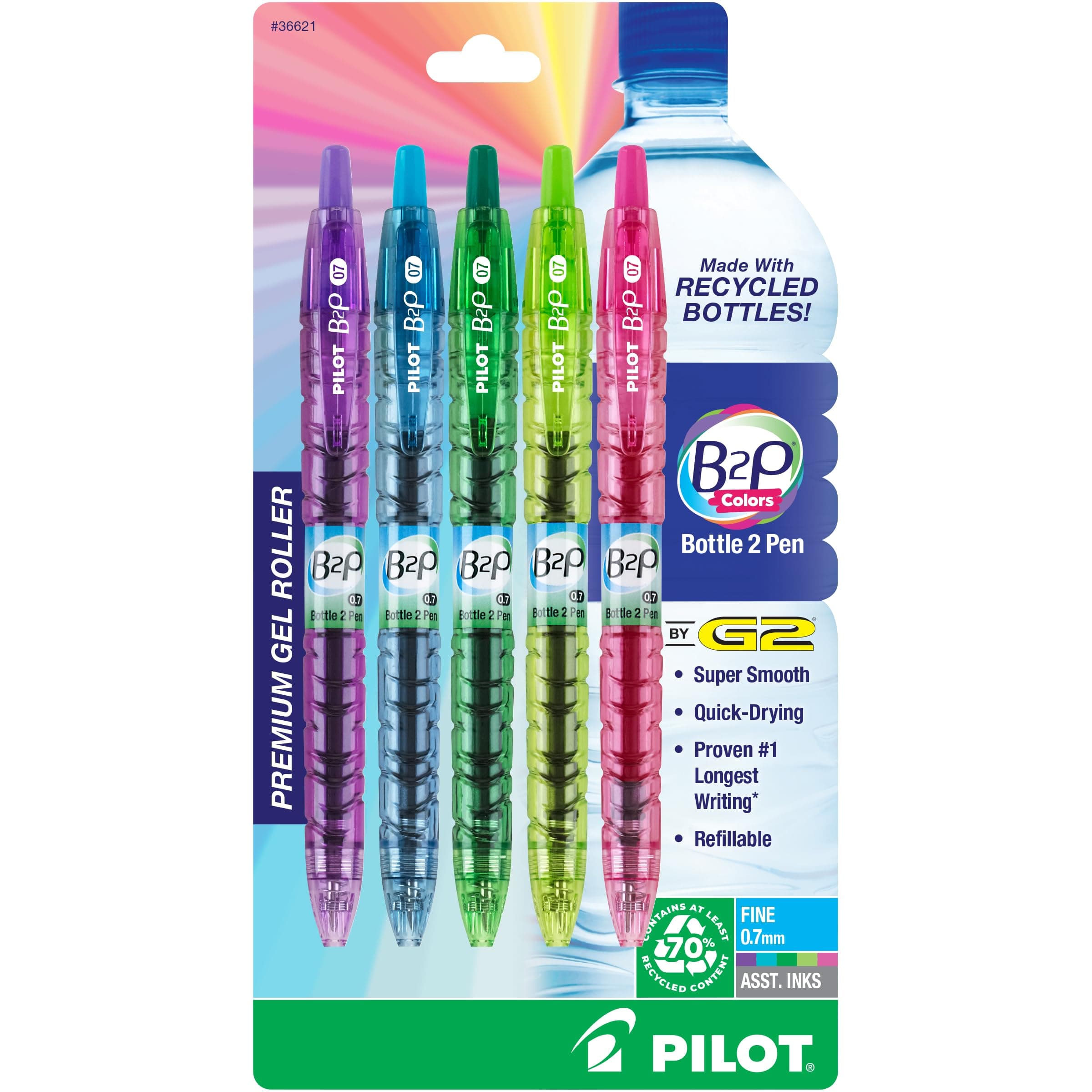 PILOT B2P Colors - Bottle to Pen Refillable & Retractable Rolling Ball Gel Pen Made From Recycled Bottles, Fine Point, Assorted Color G2 Inks, 5-Pack (36621)