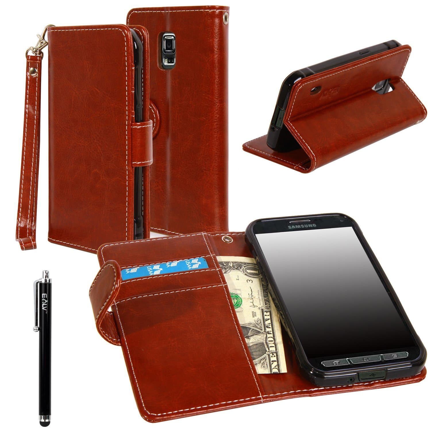 Liwin Galaxy S5 Active Case, Galaxy S5 Active Flip Case - E LV Deluxe PU Leather Folio Wallet Case Cover for Samsung Galaxy S5 Active Sm-G870 (Water Resistant Model) - Brown