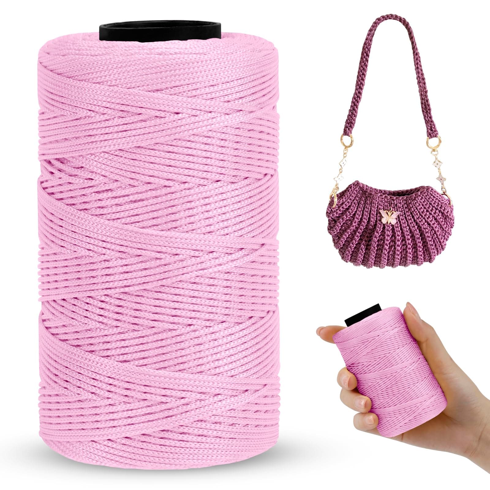 Polyester Macrame Cord 1mm x 230m, Polyester Yarn for Crocheting, Braided Polypropylene Crochet Bag Cord Macrame Yarn for Handbag, Beading, DIY Crafts (Light Pink)