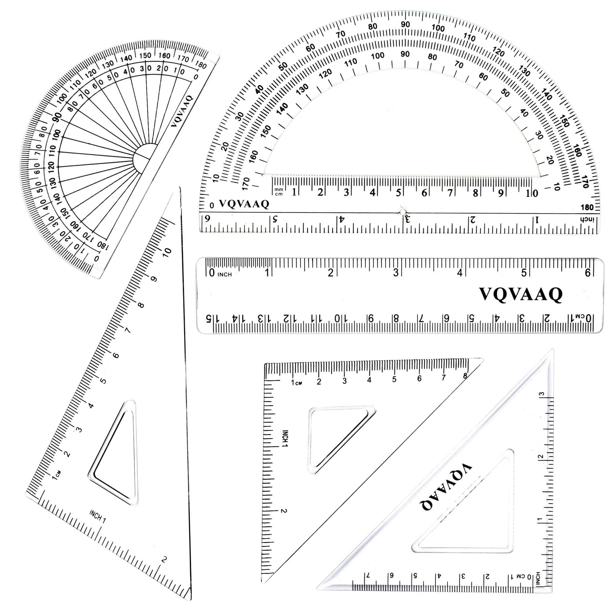 6 Piece Geometry School Set, Linear Ruler, Set Squares, Protractor