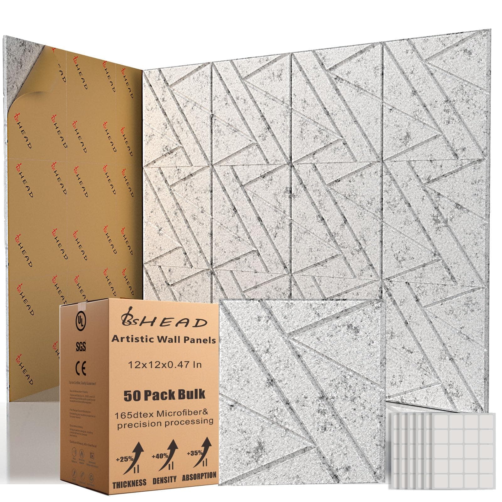 50 Pack Bulk Self-Adhesive Soundproof Wall Panels, 12 x 12 x 0.47 in Sound Proof Foam Panels for Walls, 1.2lb/ft³ High Density, Thicker 0.47in, Acoustic Panels, Duty for Large Walls Gray