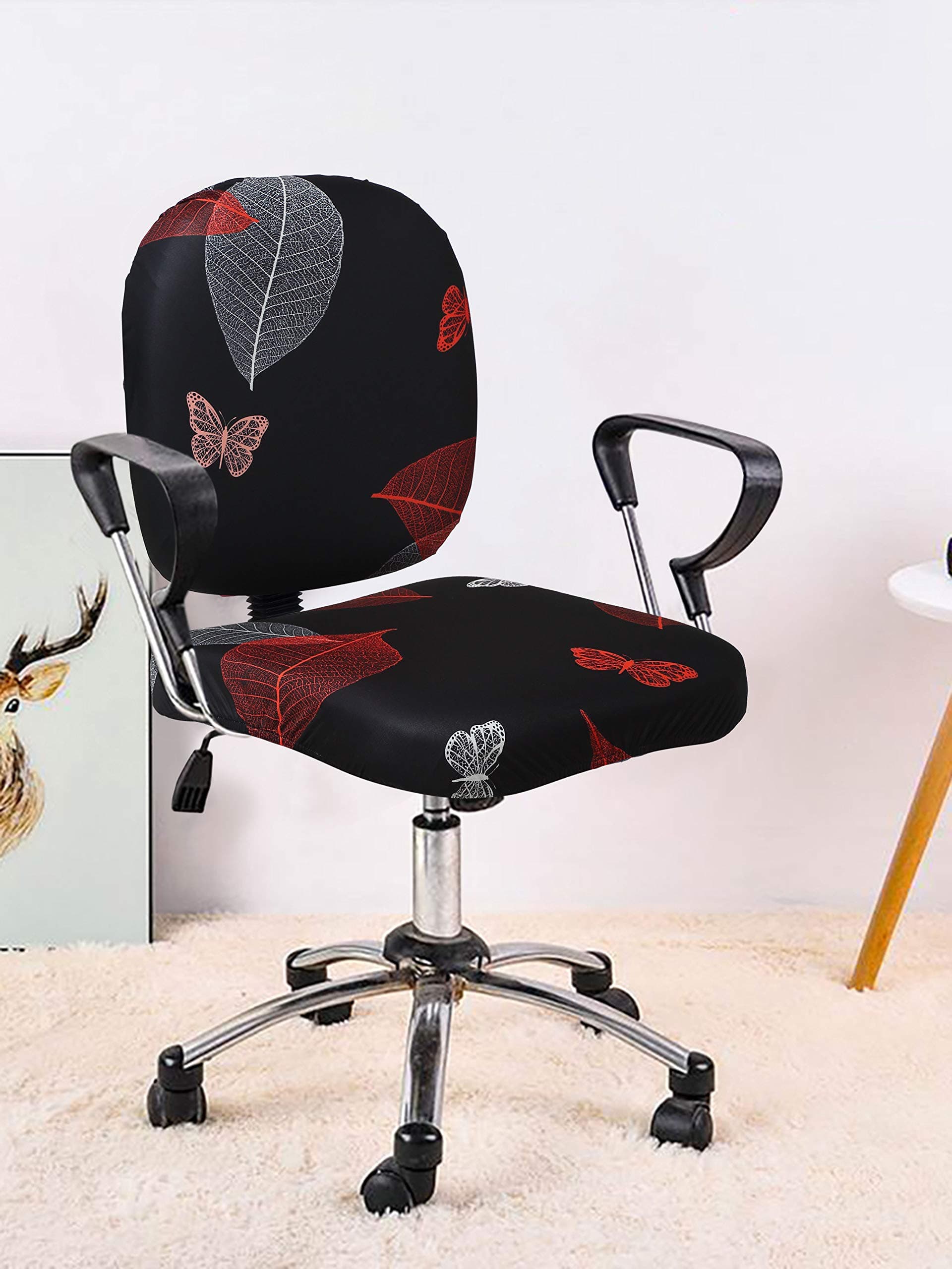 Cortina Rotating Chair Office Covers | Soft Stretchable Elastic Spandex Material | Elastic Computer Chair Slip Covers | Removable Chair Case | Leaf Print – Black 2 | Chair Cover Set of 1