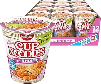 Cup Noodles Soup, Shrimp Flavor, Microwaveable Paper Cups, Instant Ramen, 2.25 Ounce (Pack of 12)