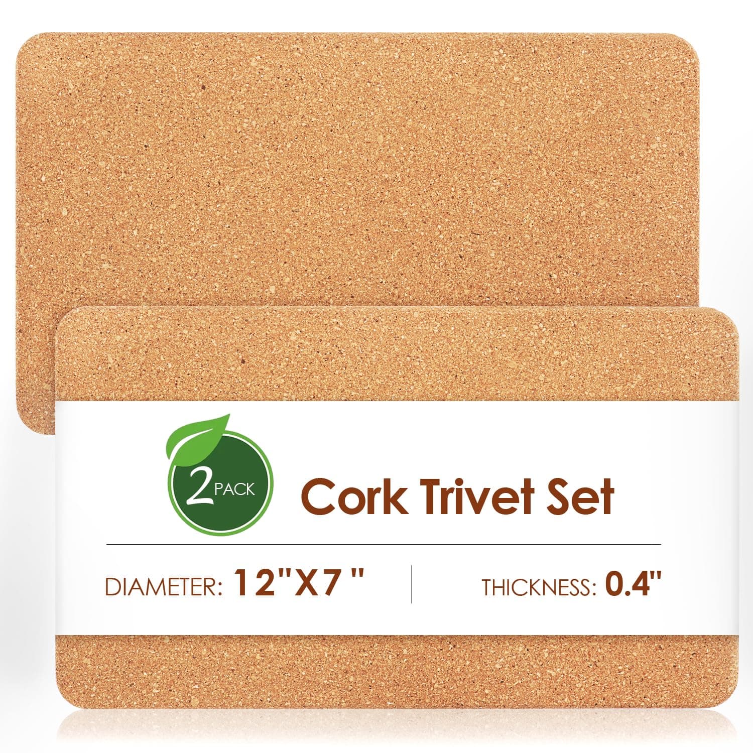 Rectangle Cork Trivets for Hot Dishes, 12" x 7" High-Density Thick Placemats for Pots and Pans, Heat Resistant Hot Pads for Kitchen Countertop Table, 2 Pcs