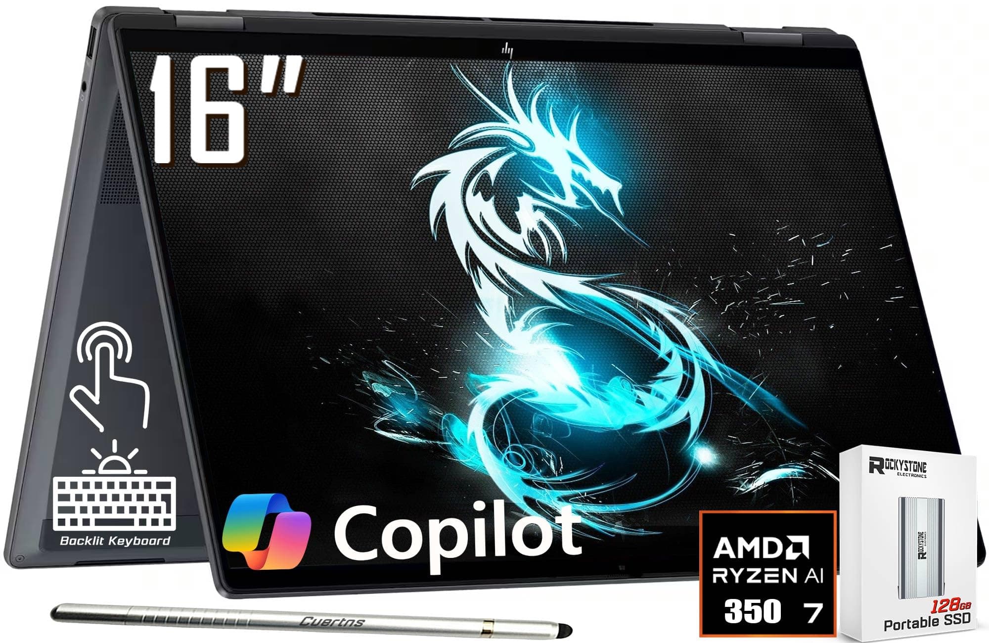 OmniBook X Flip 2-in-1 Copilot+ AI PC Laptop, 16" 2K Touchscreen, AMD 8-Core Ryzen AI 7 350(>Intel i7-1355U), 24GB LPDDR5X, 1TB Gen4 SSD, 5MP IR Webcam, Backlit KB, W/128GB PSD&Stylus, Win11 Home