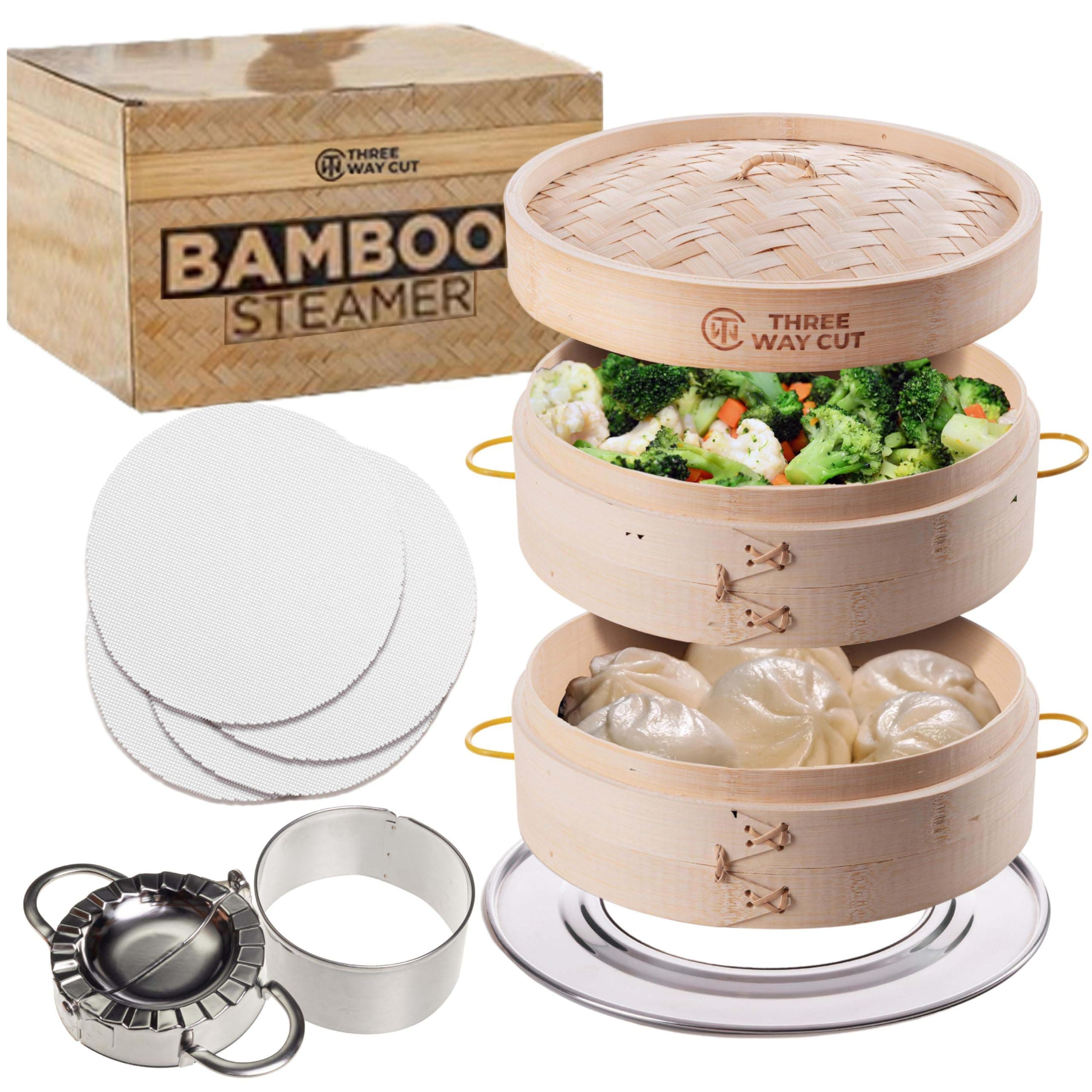 2 Tier Bamboo Steamer- 10" Baskets With Handle, Silicone Liner, Adapter, Molder Press For Cooking Vegetables Dumpling Press & Dough Cutter for Steaming Chinese Asian Food & Bao Bun, Dim Sum Potsticker