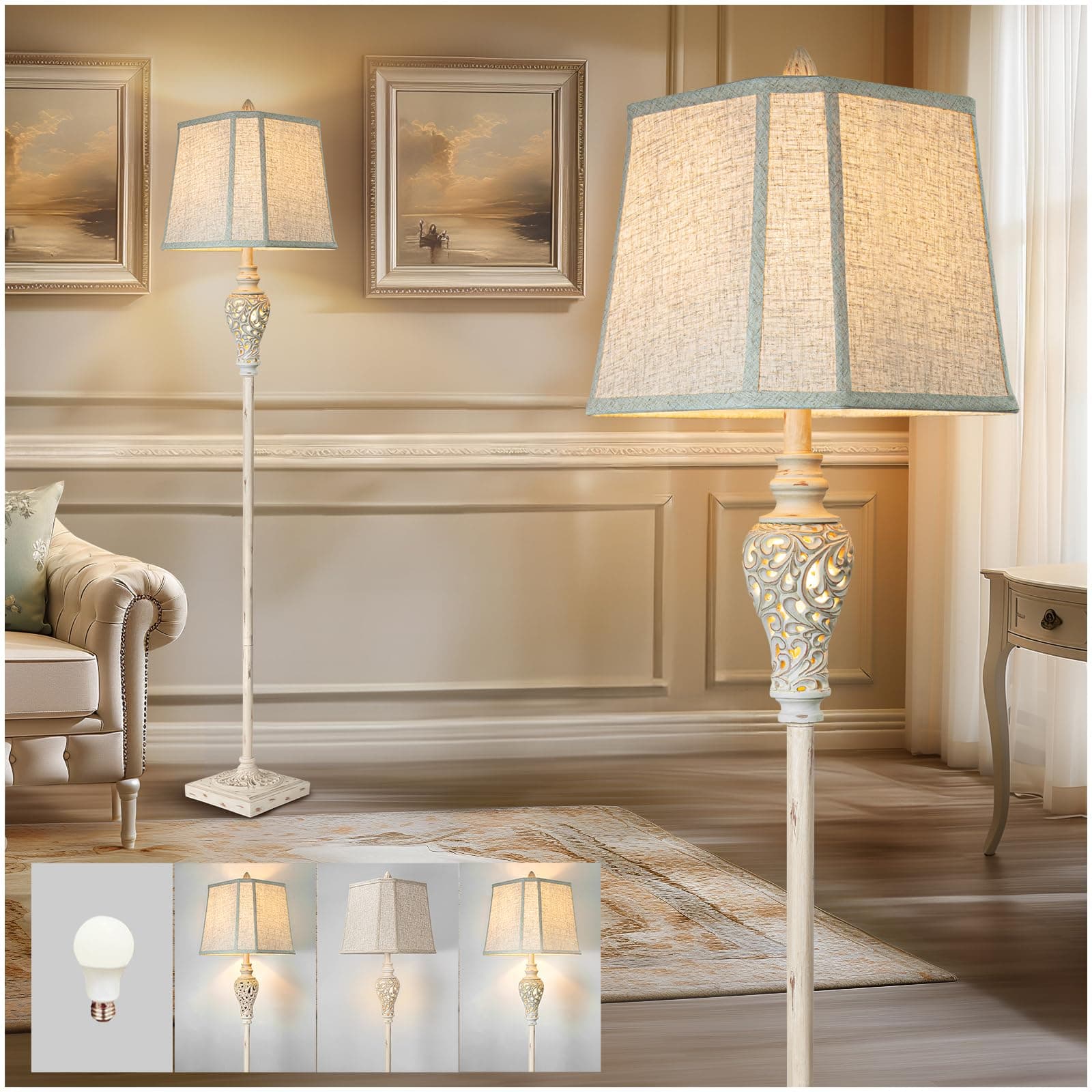 LuxSight Collection Rustic Floor Lamp 65'' Tall with Nightlight Cut Corner Linen Fabric Shade Vintage Standing Lamp for Living Room, Bedroom, Office, House (Bulb Included)