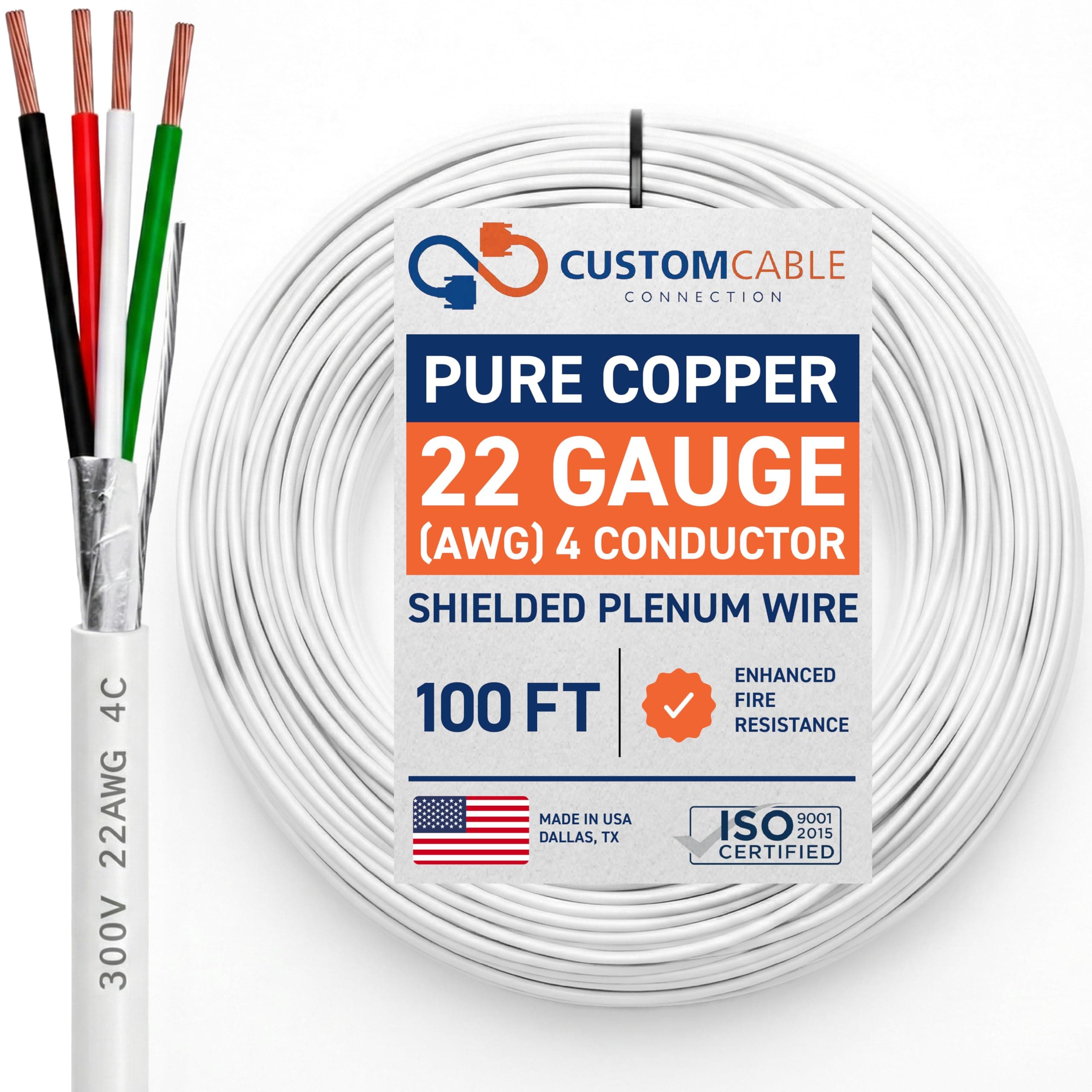 22 Gauge Wire (22 AWG) - 4 Conductor Stranded Copper Shielded Cable - UL Listed 22/4 Home Electrical Wire - Low Voltage Up to 300V - CL3P Fire-Rated Plenum Jacket - USA Made (100ft - White)