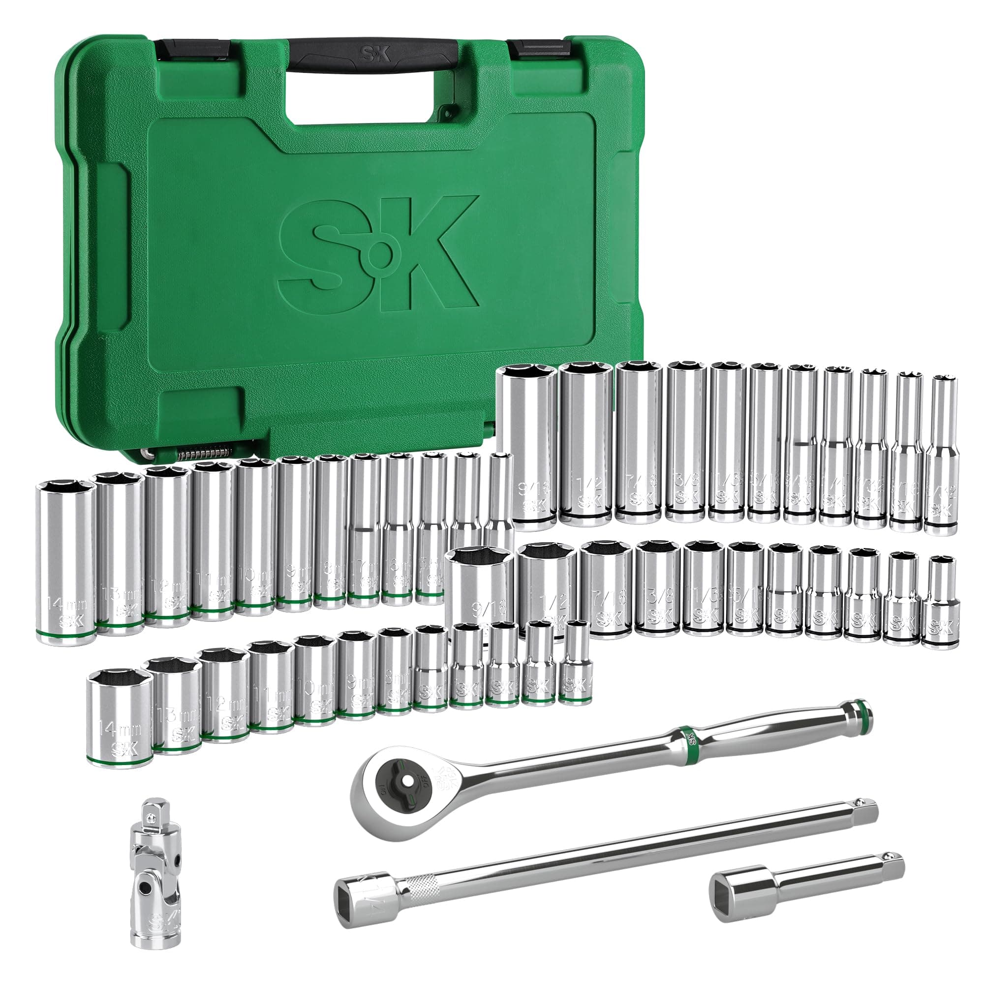 SK 1/4" Drive Socket Set with 216-P Quick-Release Ratchet, 50-Piece, SAE & Metric, SuperKrome Finish, Premium CR-V Construction, with Storage Suitcase