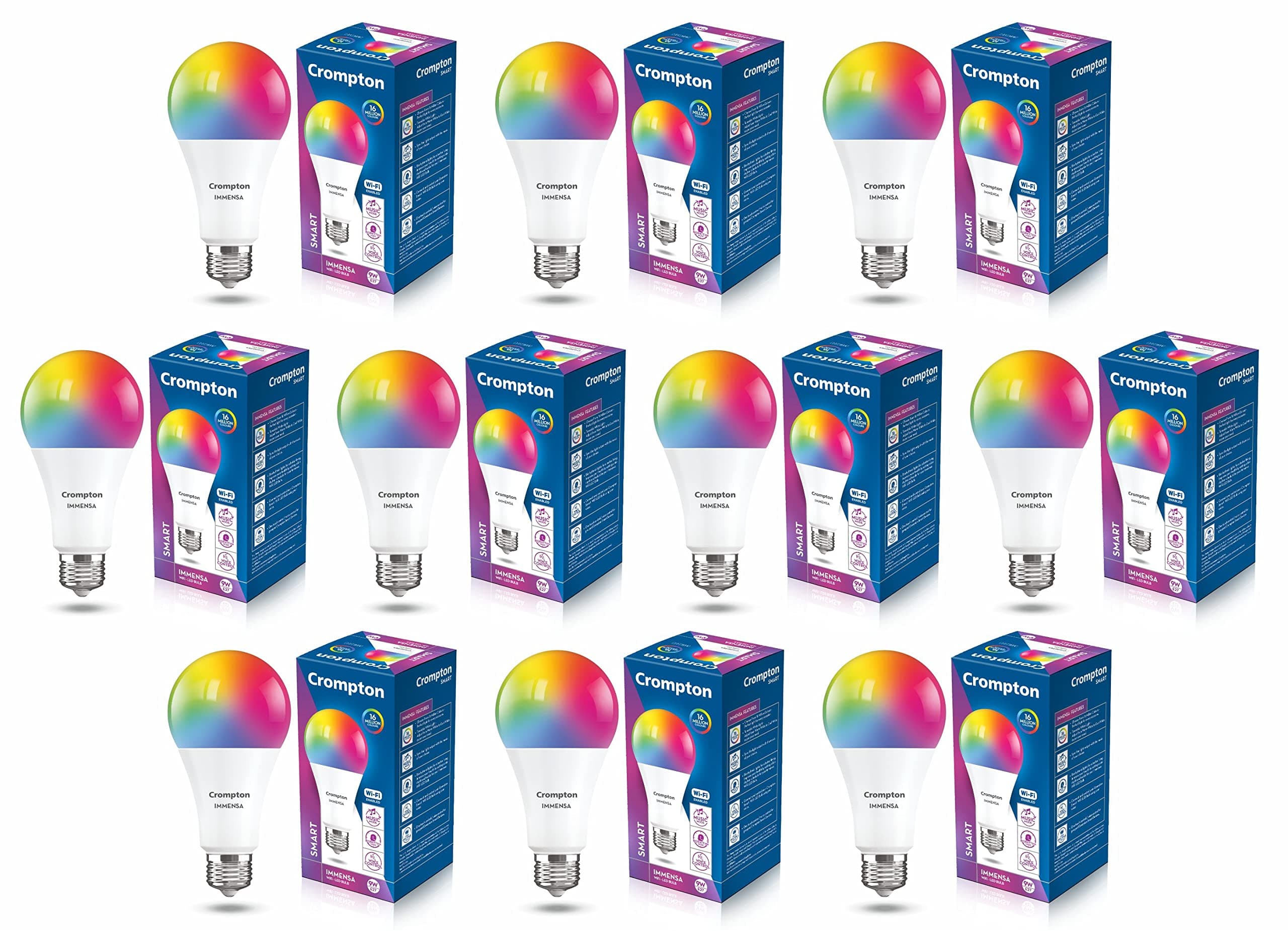 Crompton Immensa 9-Watt E27 WiFi Smart LED Bulb with Music Sync, 16 Million Colors, Compatible with Amazon Alexa and Google Assistant_Pack of 10