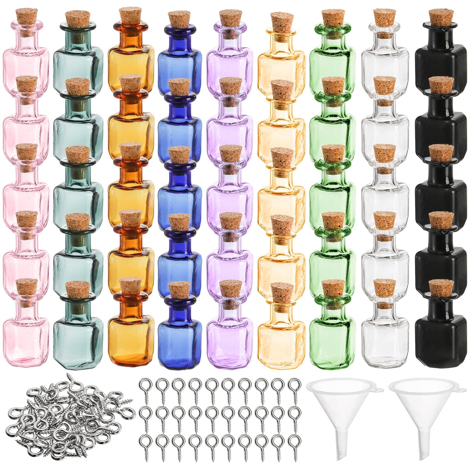 45 Pcs Tiny Spell Jars Glass Square Bottles Decorative Cute Little Wishing Bottle, Vials with Corks Stoppers & Eye Bolts for DIY Crafts, Party Favor (TO-TinySpellJars-45P)