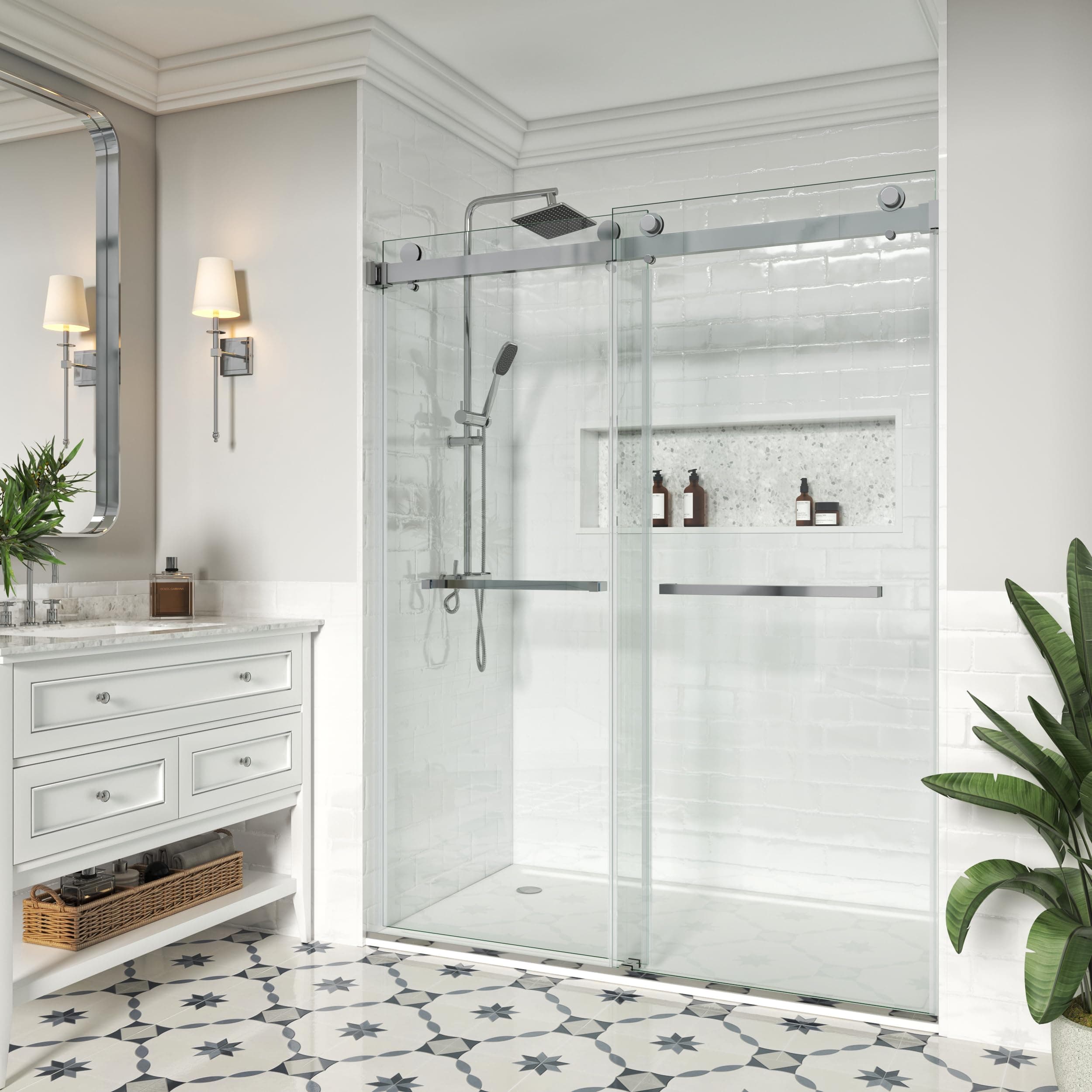 Frameless Shower Door, 56"-61" W x 79" H, Width Adjustable, SGCC Certified 3/8" (10 mm) Clear Tempered Glass, Double Sliding Shower Door, Stainless Steel Chrome Finish DS01