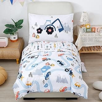 Car Toddler Bedding Kids 4 Pieces Bed in A Bag for Boys Vehicles Truck Toddler Girl Comforter Sets with Bed Sheets Modern Bedroom Collection, White