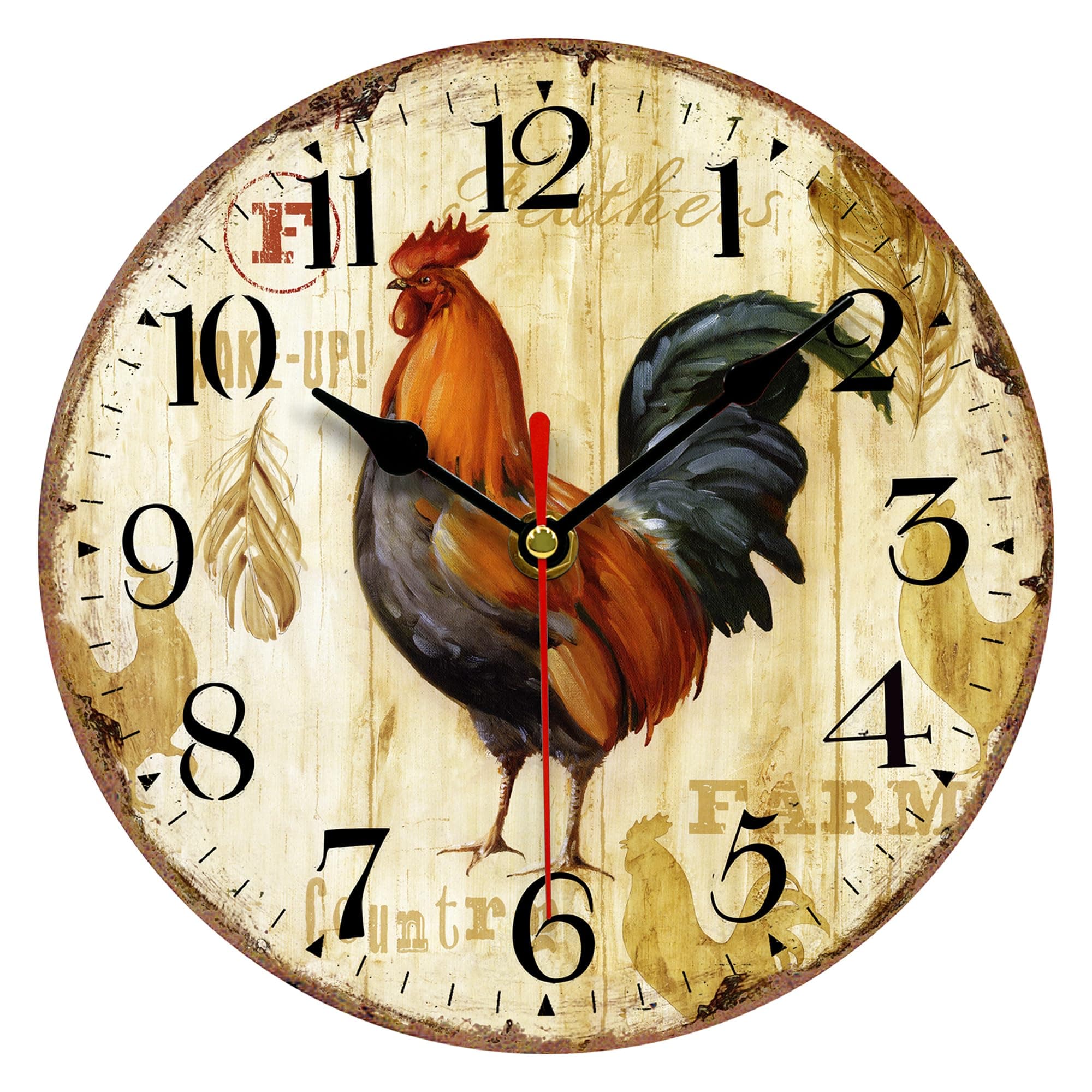 VIKMARI Kitchen Wall Clock 8 Inch Rustic Vintage Rooster Silent Non Ticking Round Quartz Wooden Wall Clocks Battery Operated Easy to Read Retro Decorative Home Decor for Living Room,Bedroom,Kids Room
