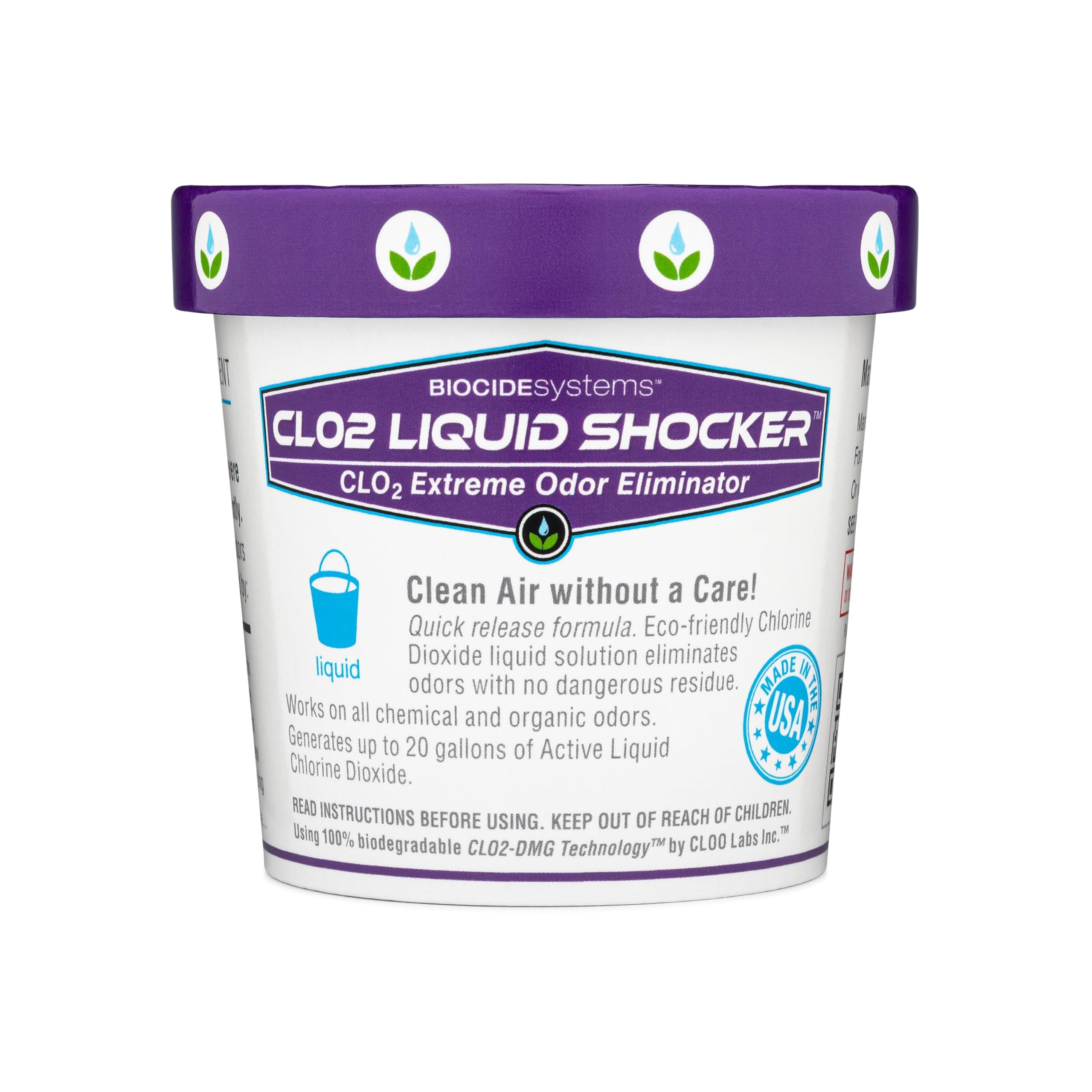 Biocide Systems Liquid Shocker Strong Odor Eliminator, Eco-Friendly Chlorine Dioxide Liquid Solution for Cleaning & Deodorizing Countertops, Floors and Walls, Makes Up to 20 gal. Pet & People Safe