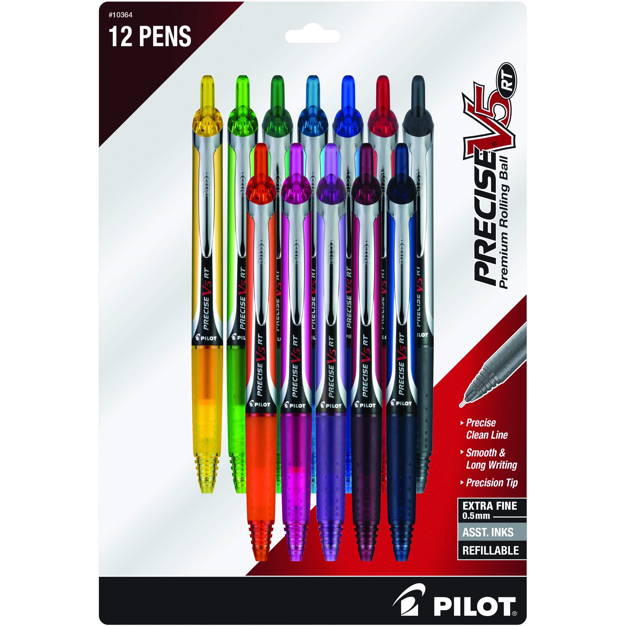 Pen 10364 Precise V5 RT Refillable & Retractable Liquid Ink Rolling Ball Pens, Extra Fine Point (0.5mm) Assorted Color Inks, 12-Pack