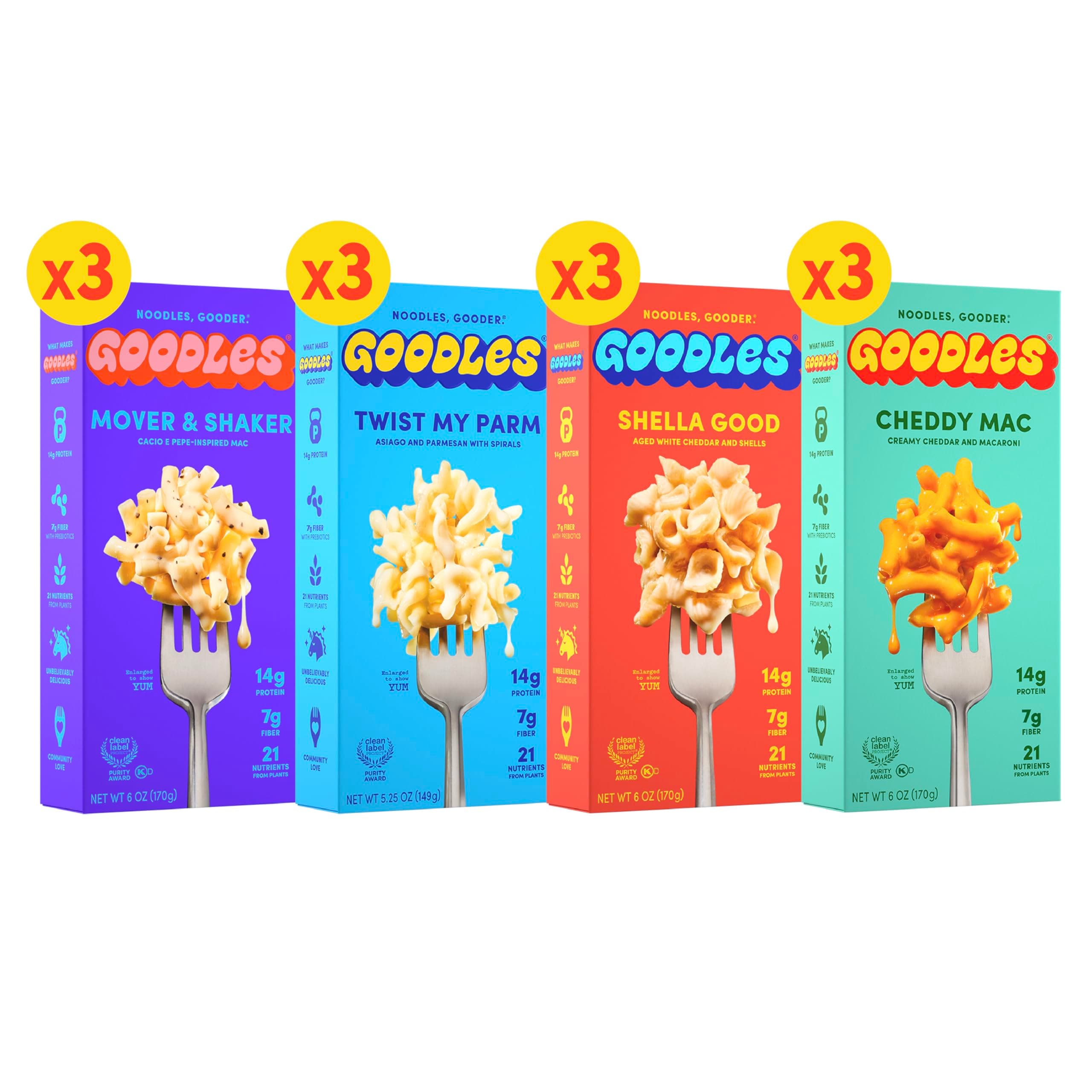 Goodles Mac & Cheese Assortment 12 Pack, 6oz - 14g Protein, 6g Fiber with Prebiotics, 21 Nutrients and Made w/REAL Cheese! | Clean Label Certified