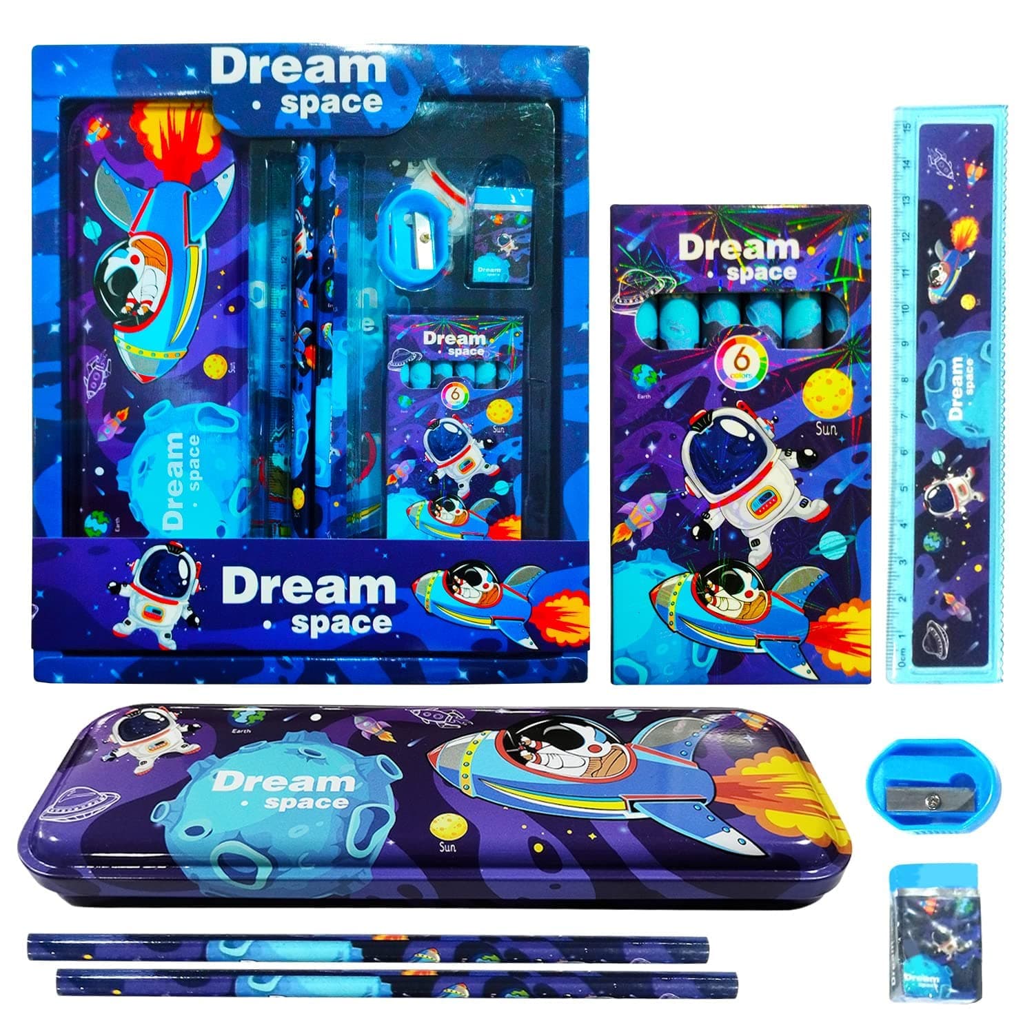 Crafty Cuddle Plastic Dream Space Stationery Kit Set For Boy Cartoon School Items For Kid - Pencil Box, Colour Set, Pencil, Eraser, Scale And Sharpener Birthday Return Gift For Children (Multicolor)