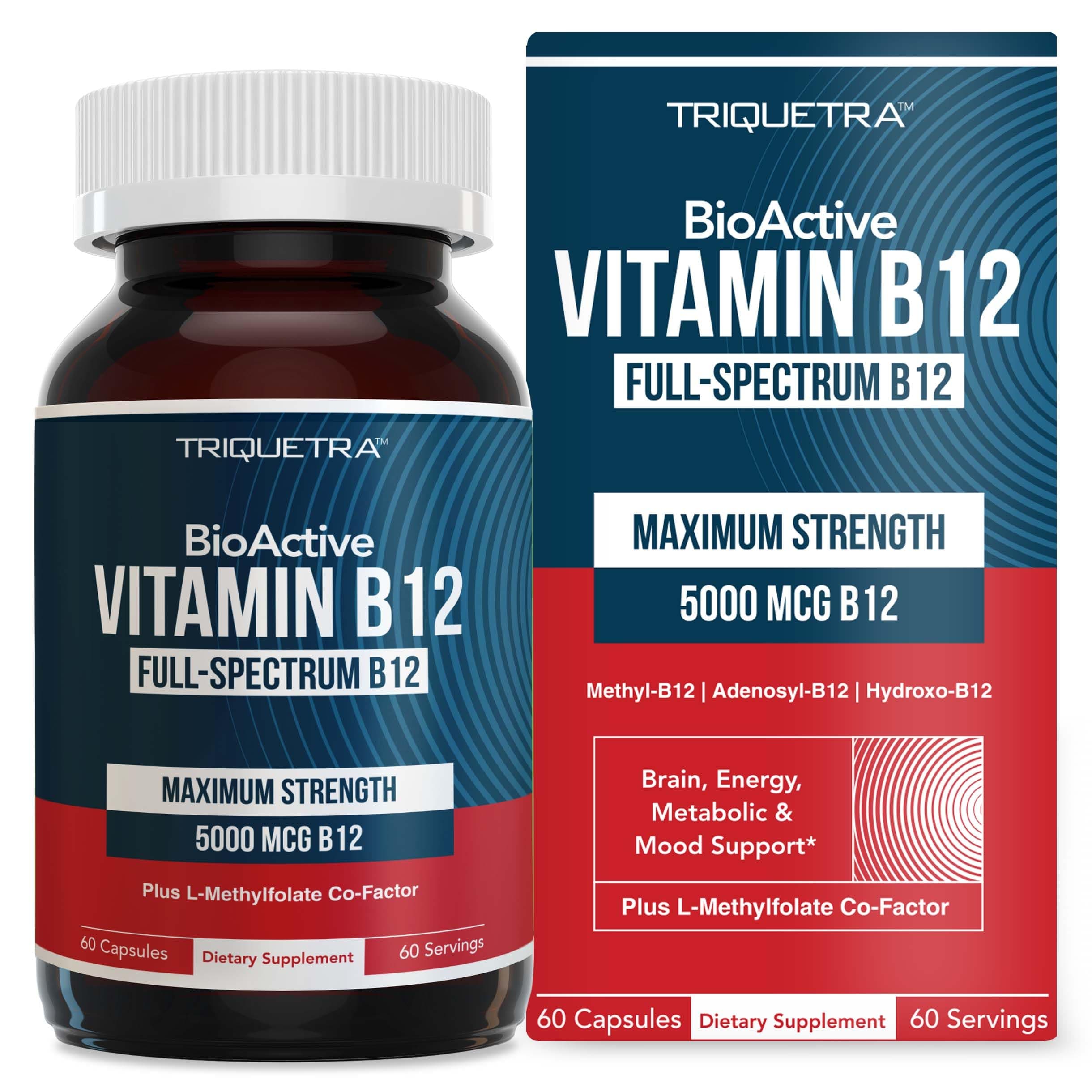BioActive Vitamin B12-5000 mcg, Contains 3 BioActive B12 Forms Plus Methylfolate Cofactor - Methyl B12, Adenosyl B12 & Hydroxy B12 | Supports Energy, Metabolism & Mood | Vegan, Non-GMO (60 Servings)