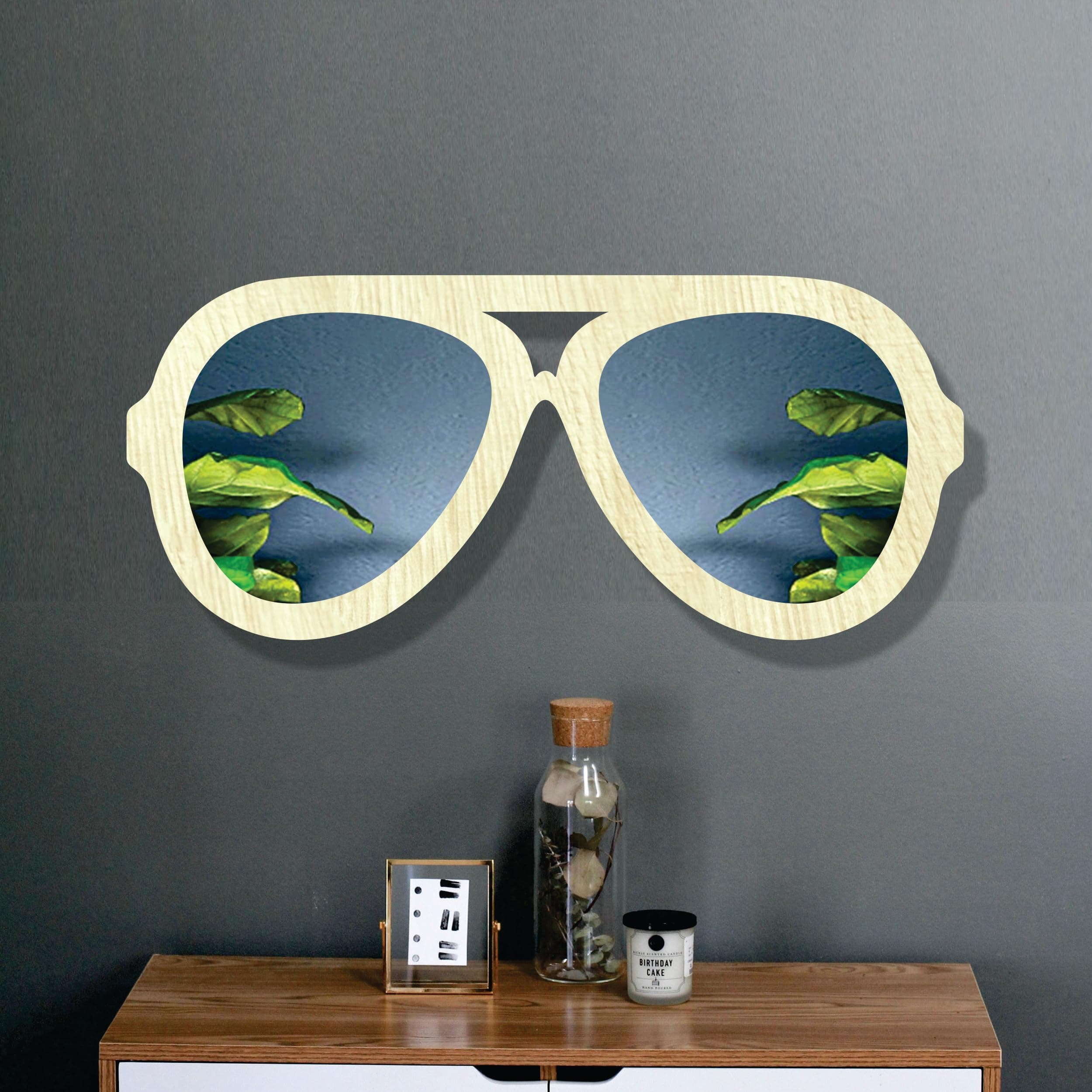 Creative Arts n Frames Sunglasses Shape Decorative Wooden Decorative Wall Mount HD Mirror for Living Room Home Décor (Highland Pine)
