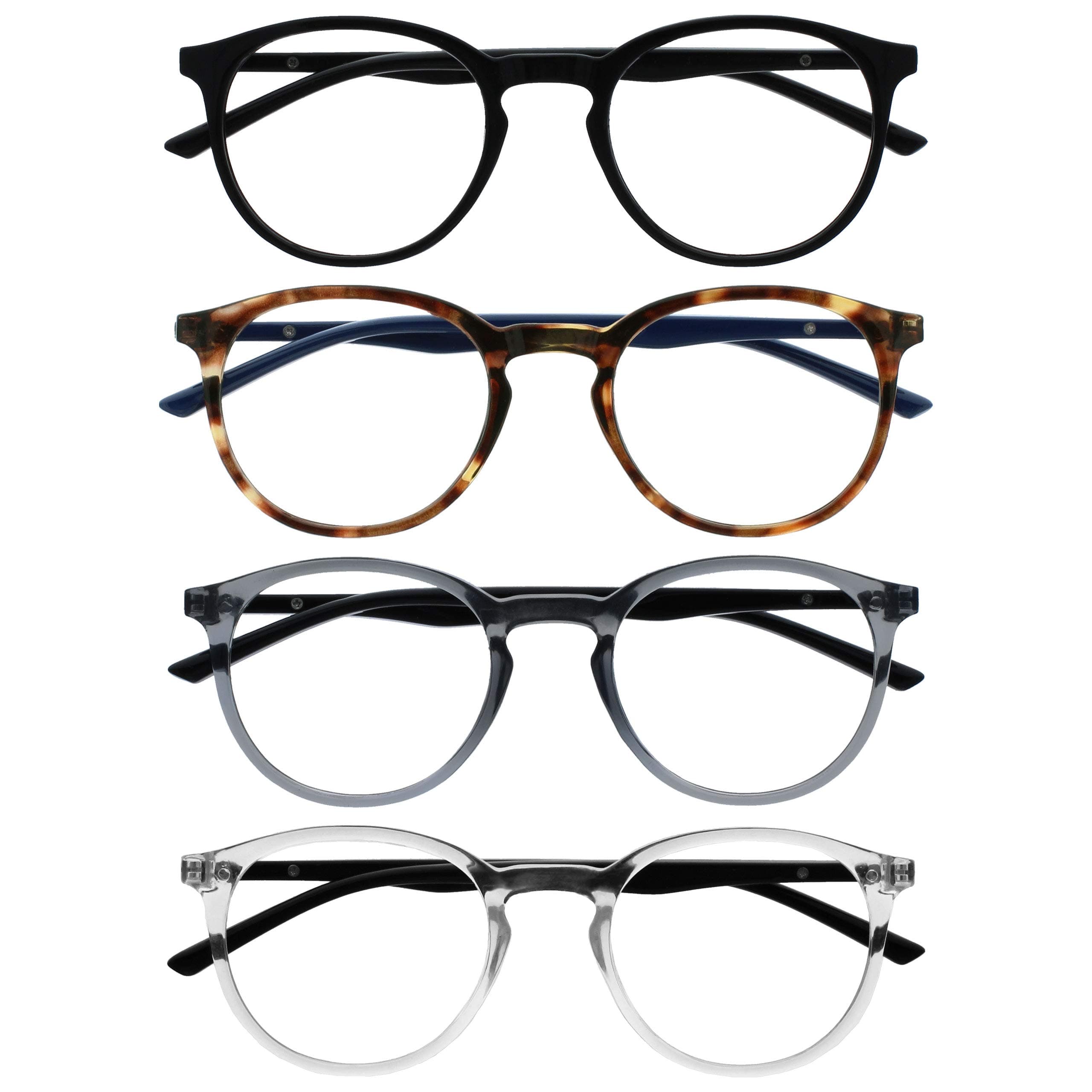 OPULIZE Met 4 Pack Reading Glasses Large Round Black Brown Grey Clear Mens Womens Spring Hinges RRRR60-127C +1.50