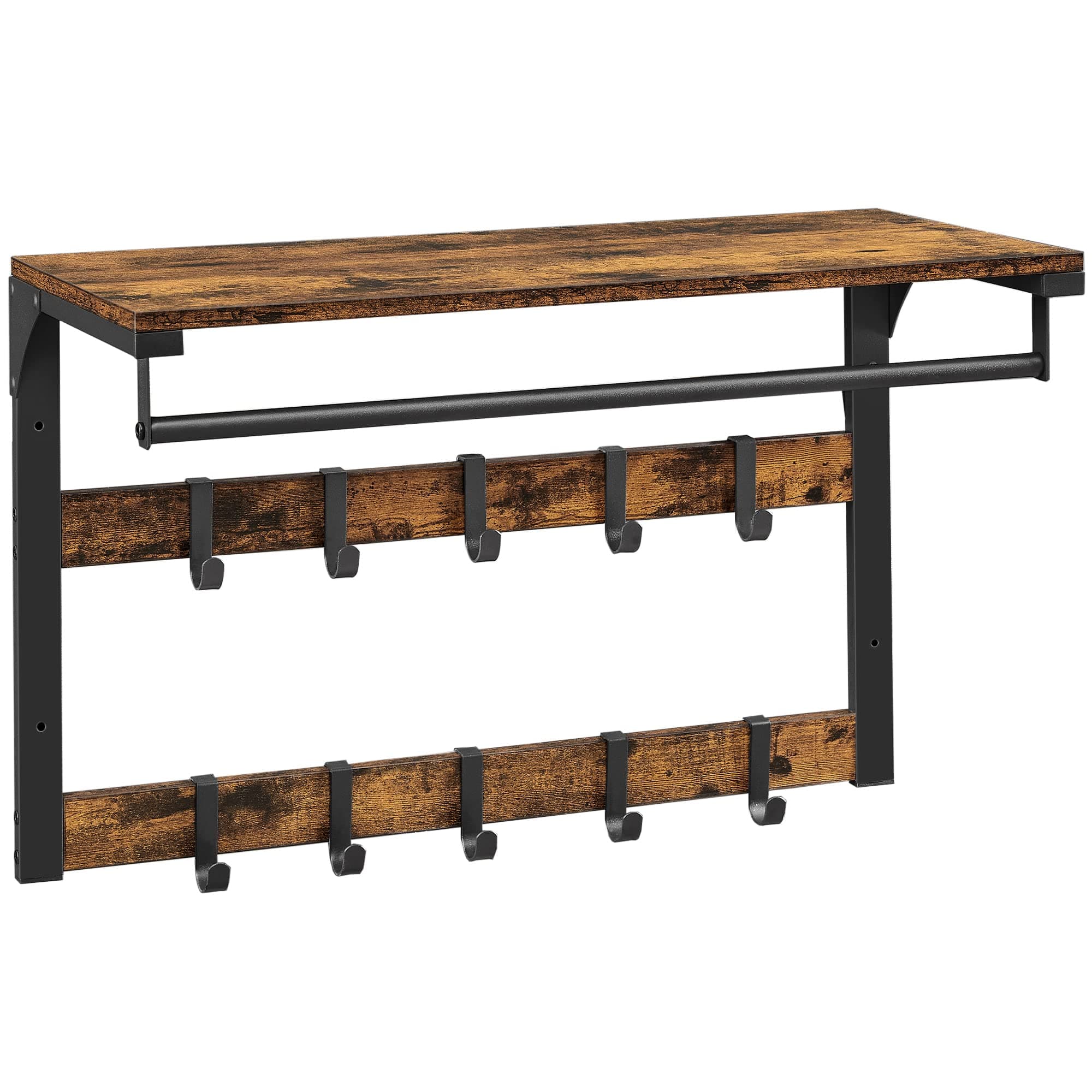 VASAGLE Wall Mounted Coat Rack with Shelf, Wall Shelf with 10 Removable Hooks, Hanging Shelf, Wall Mounted, 2 Coat Racks, Clothes Rail for Hallway, Bedroom, Bathroom, Vintage Brown/Black LCR201B01