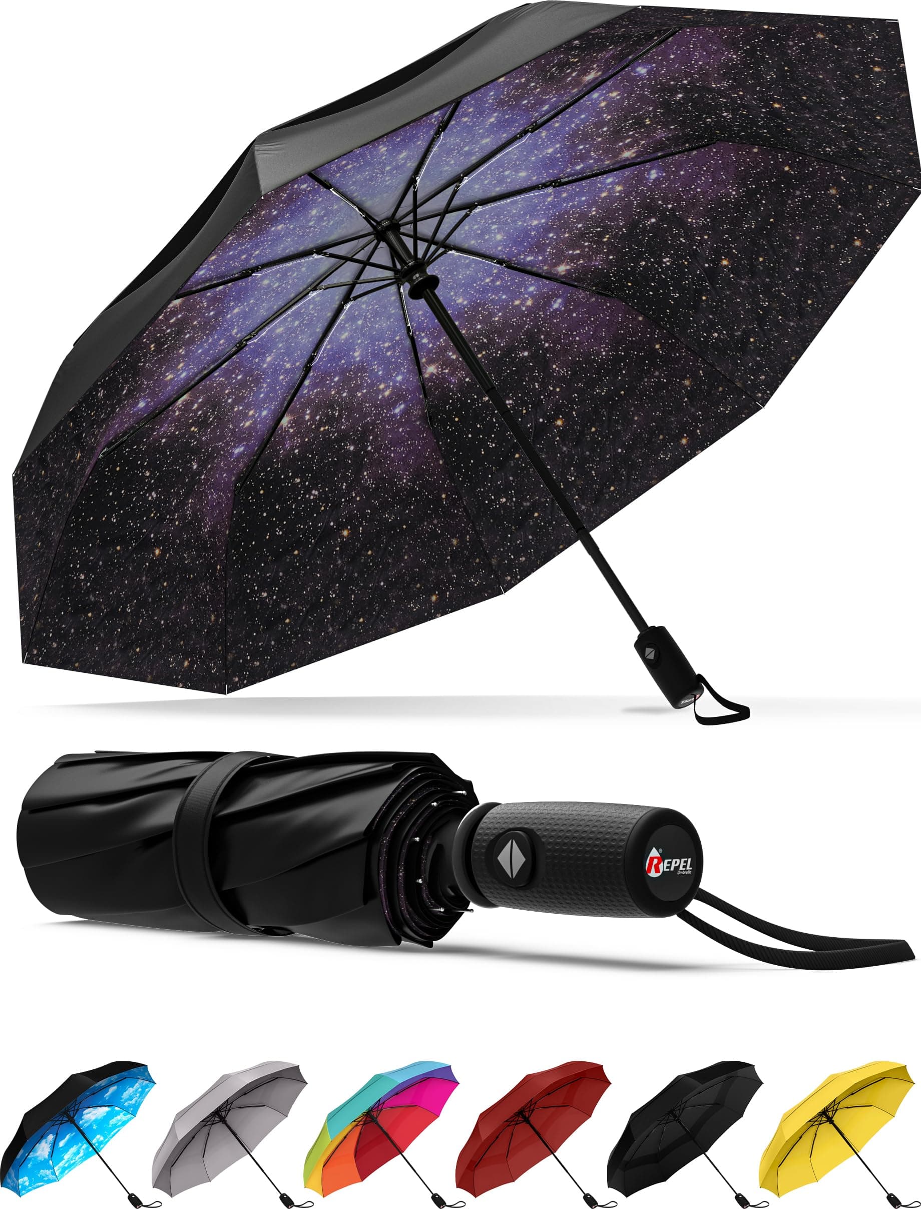 Repel Umbrella Windproof Travel Umbrellas for Rain - Easy Auto Open Close, Durable & Compact Umbrella, Strong Fiberglass Frame, Waterproof Canopy - Backpack, Purse, Portable Umbrella for Travel
