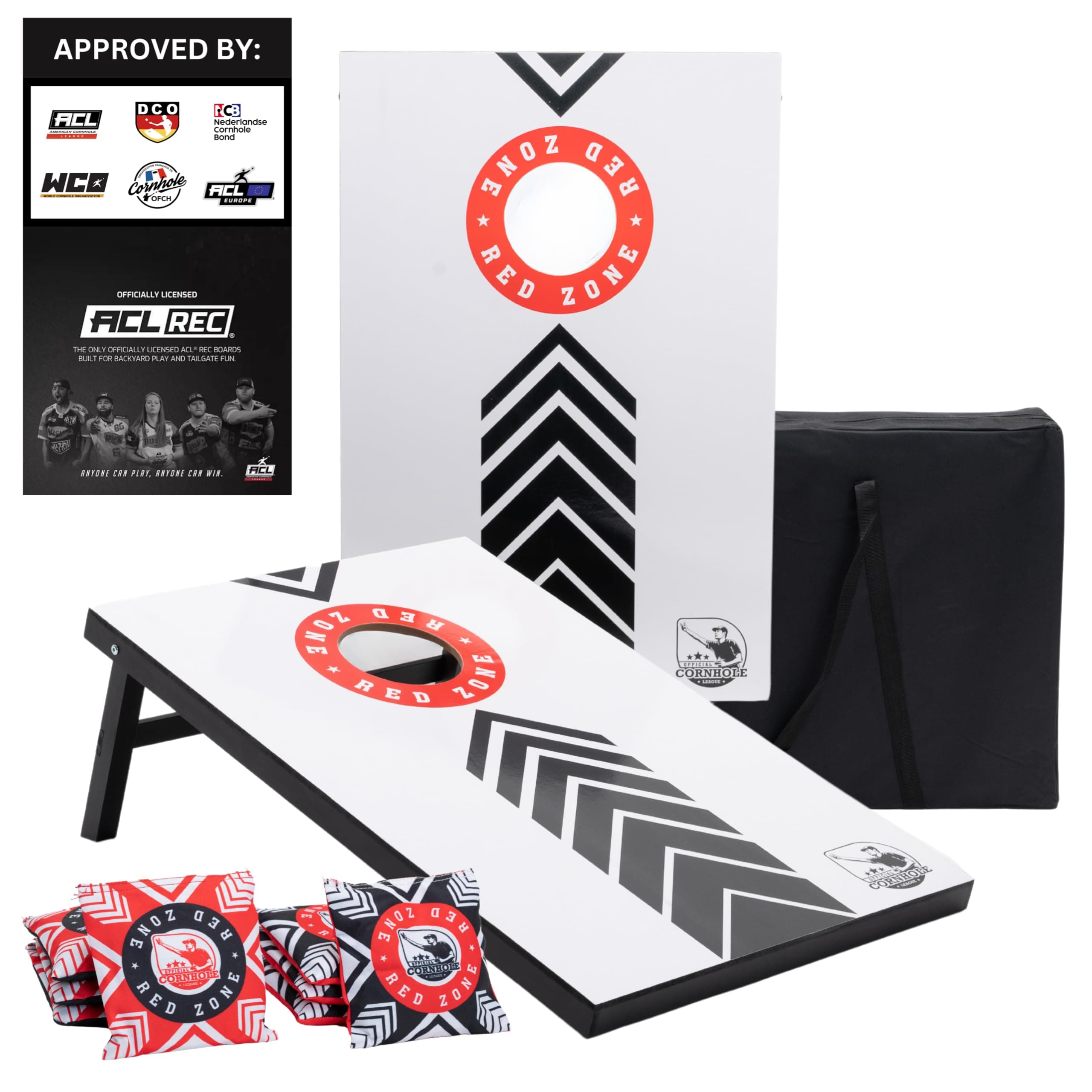 Official Cornhole Set 90 x 60 cm - Red Zone - 2 Cornhole Boards - 2 x 4 Cornhole Bags - Carrying Bag Included - MDF - Premium Quality