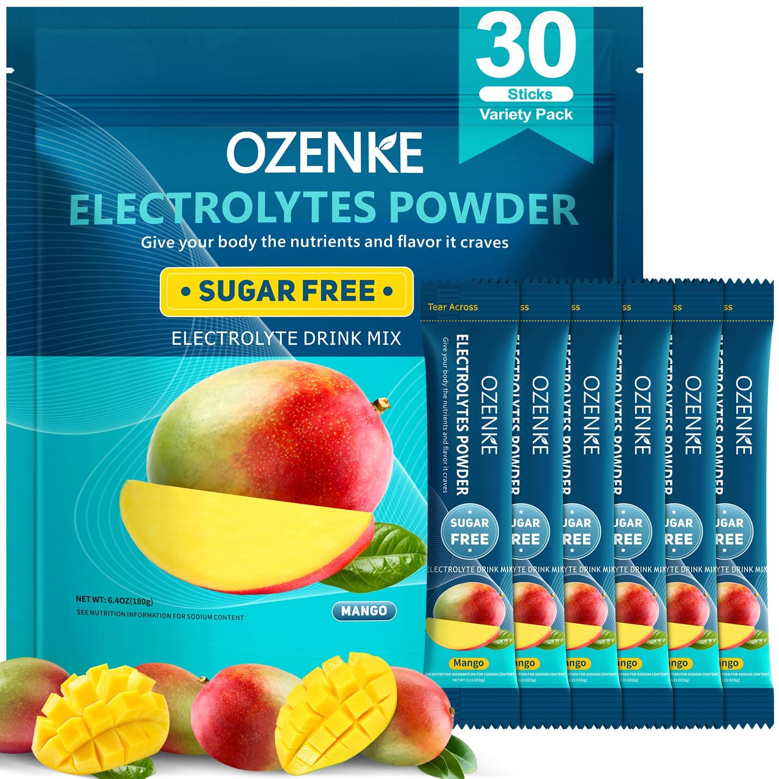 Electrolytes Powder Packets, 30 Sticks Hydration Packets Sugar Free, Electrolyte Drink Mix Portable Electrolyte Packet for Rapid Hydration, 0 Sugar & 0 Calorie, Mango Flavor